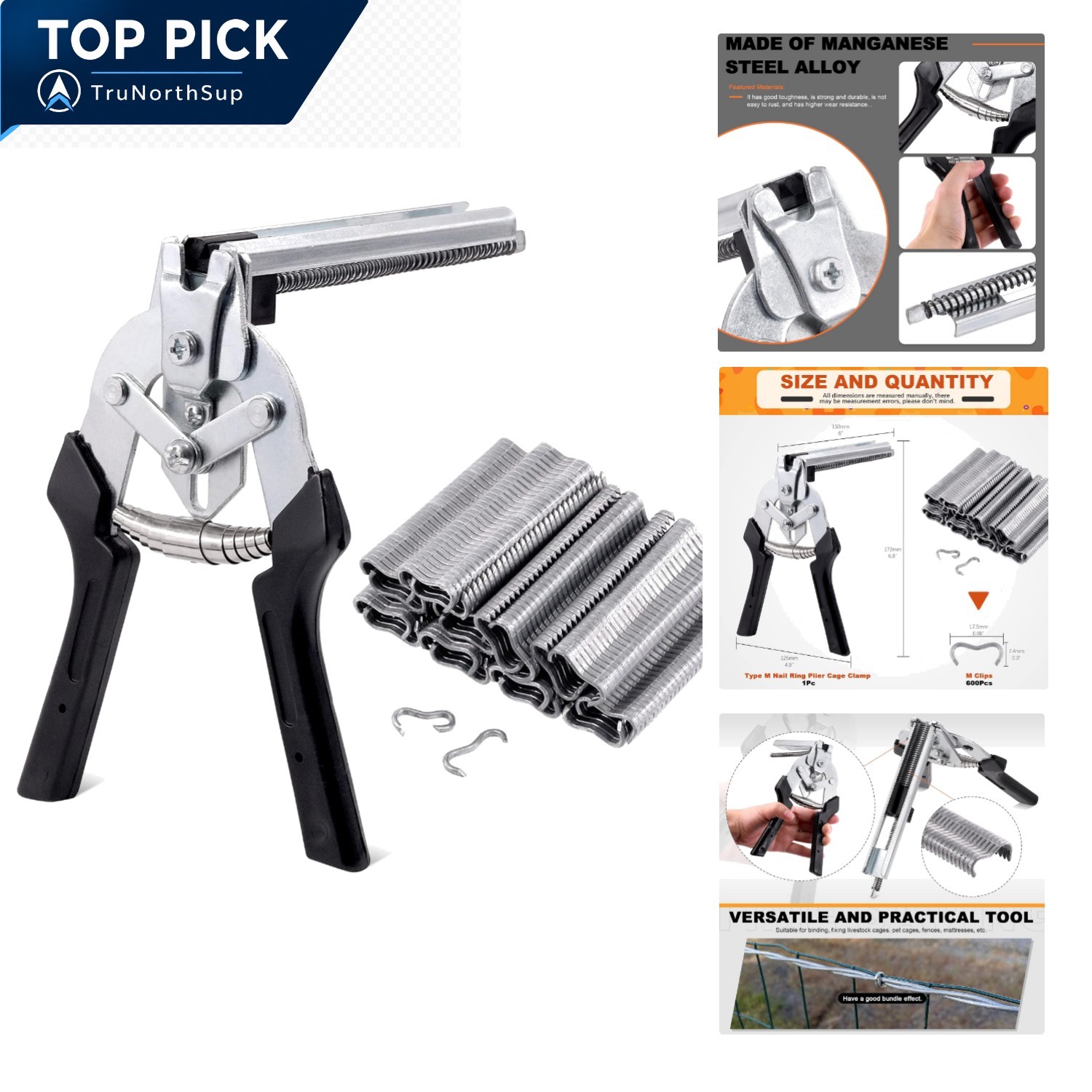 Type M Hog Ring Pliers Kit 601pcs M Clips Galvanized Steel Nails Fence Repair