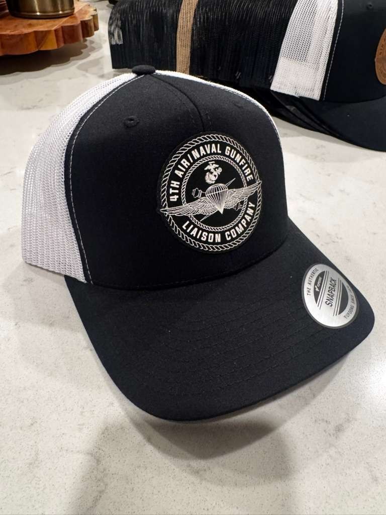 4th ANGLICO Hat - Black/White Snapback | Black Leather Patch White Logo