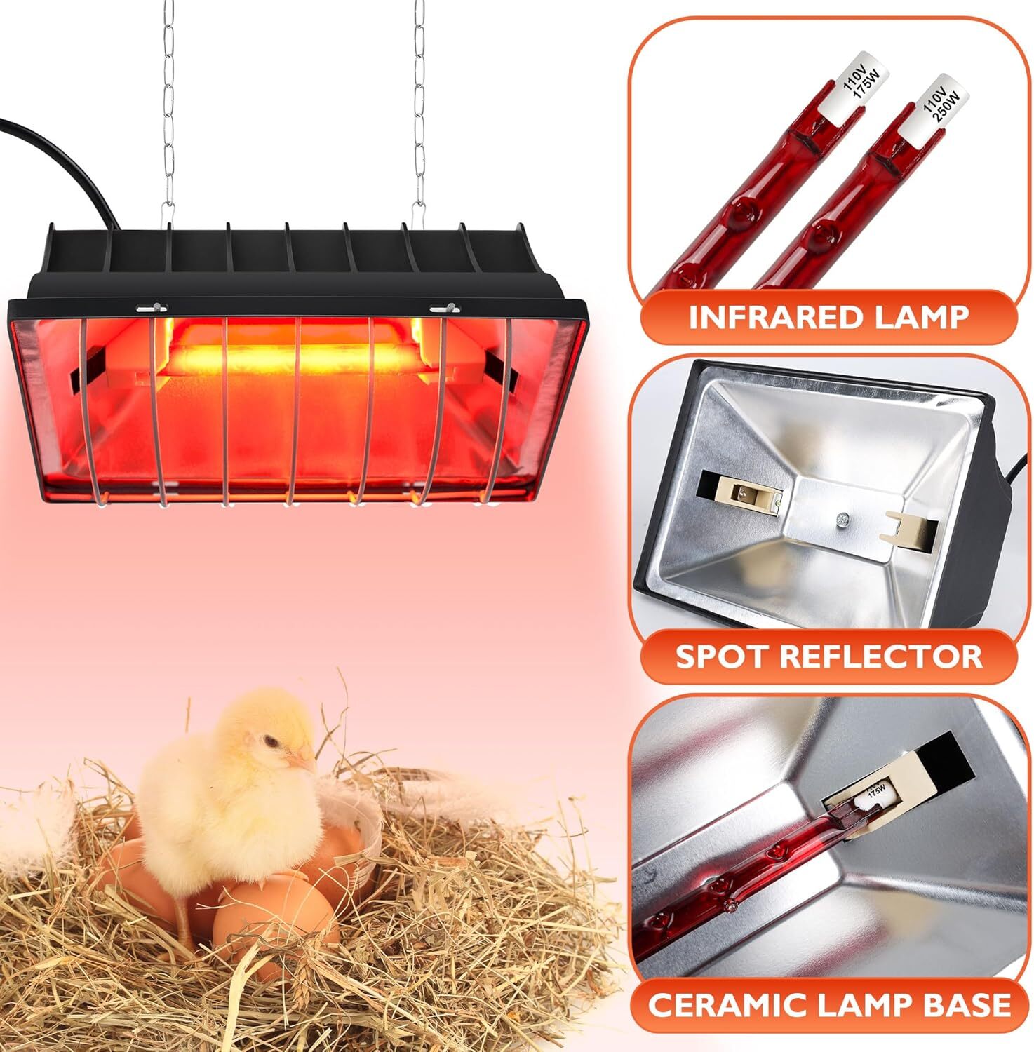 Chicken Coop Heater Heating Plate Adjustable Temp Hanging Light with Lamp Shade