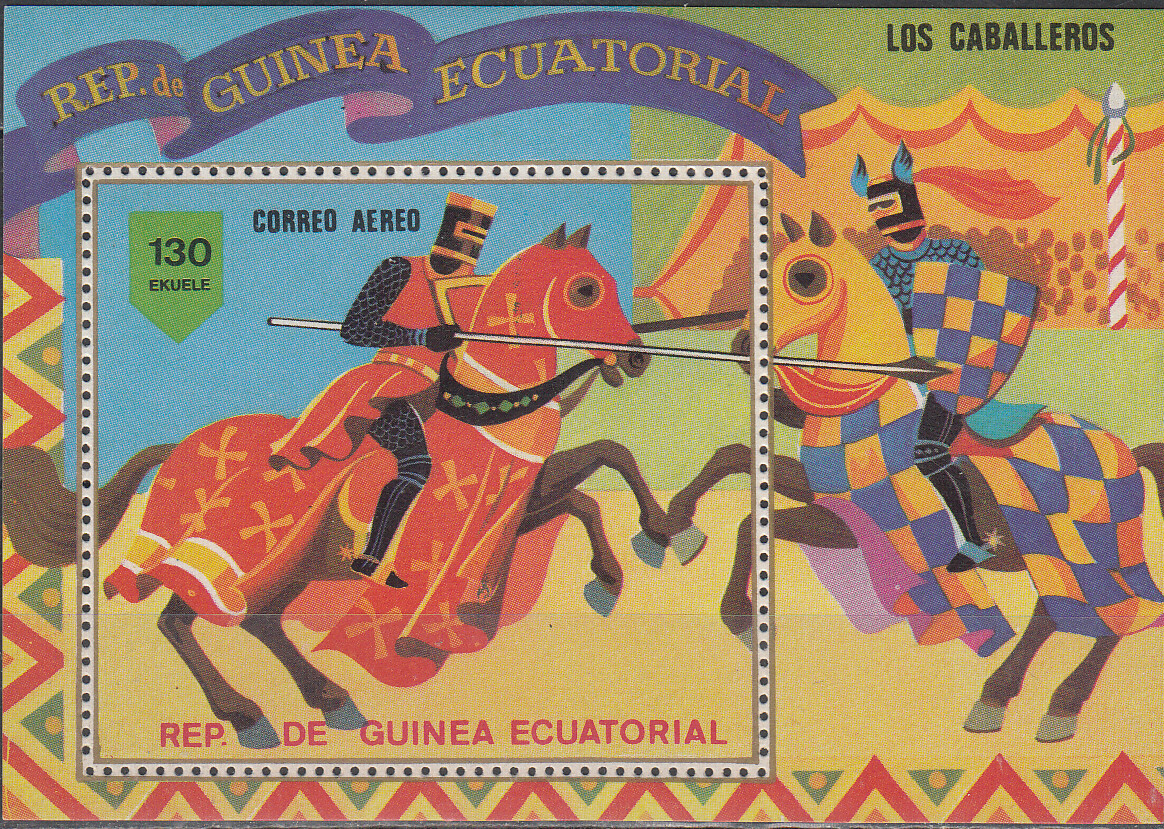 W EQUATORIAL GUINEA 1331-B293 HORSES KNIGHTS PERFORATED SOUVENIR SHEET