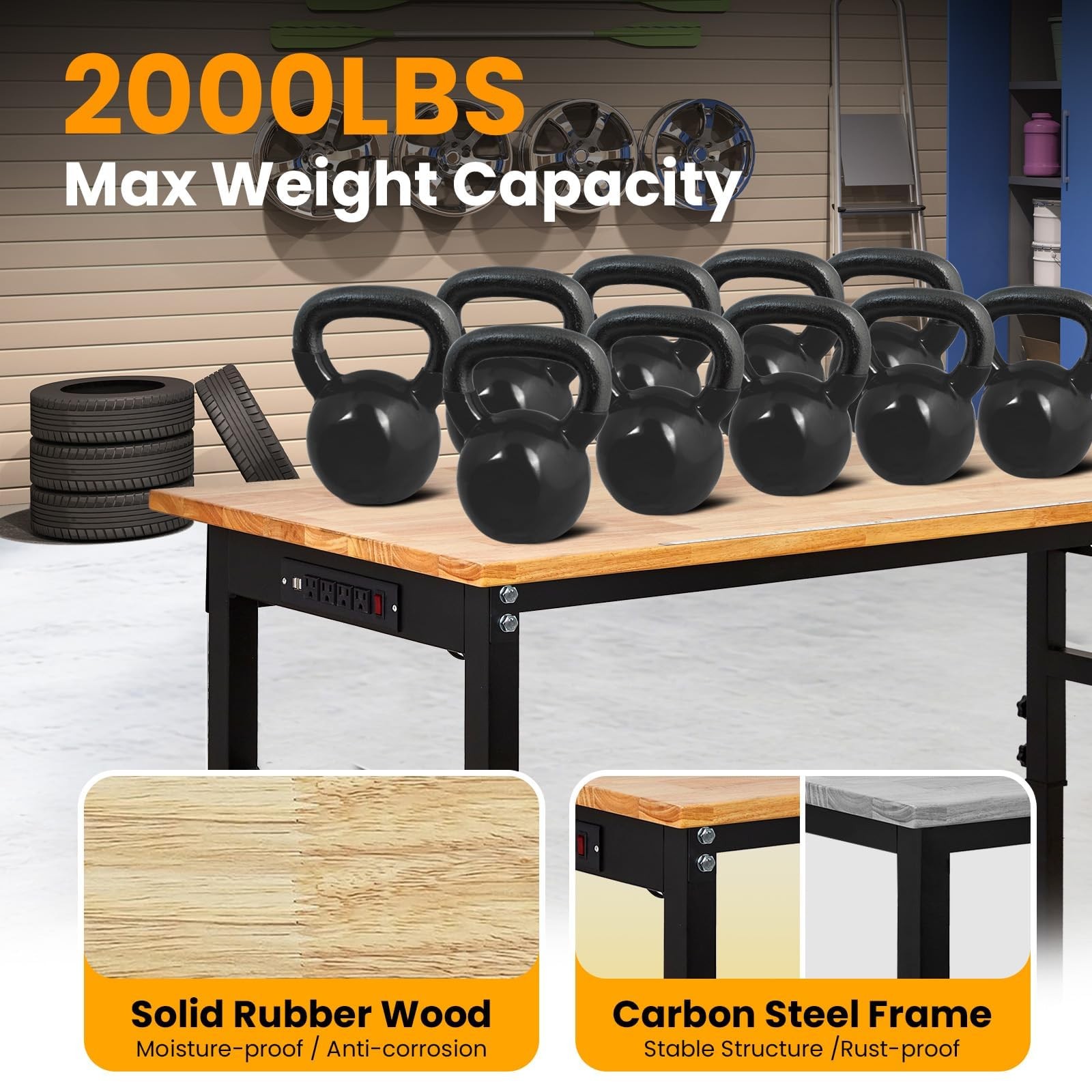Adjustable Workbench with Power Outlets & Pegboard ,Heavy Duty Rubber Wood Table