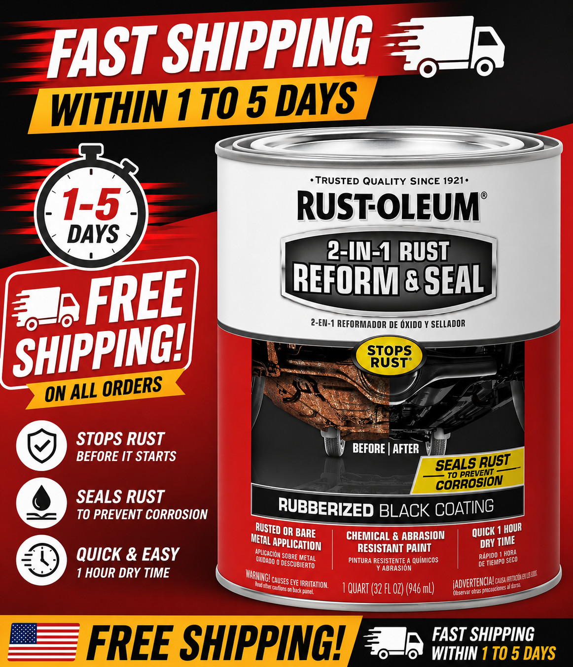 344763 Automotive 2-In-1 Rust Reform & Seal, Quart, Black, 32 Fl Oz (Pack of 1)