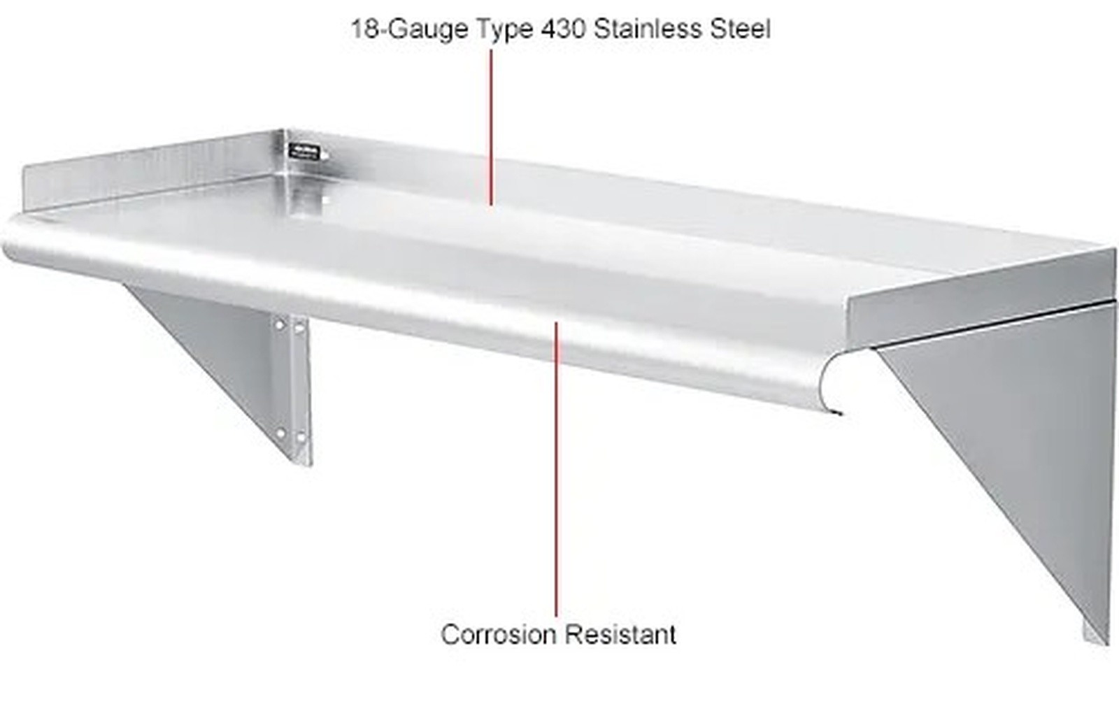 Wall Mount Shelf with 1-1/2" Lip 18 Gauge 430 Stainless Steel 36"W x 12"D