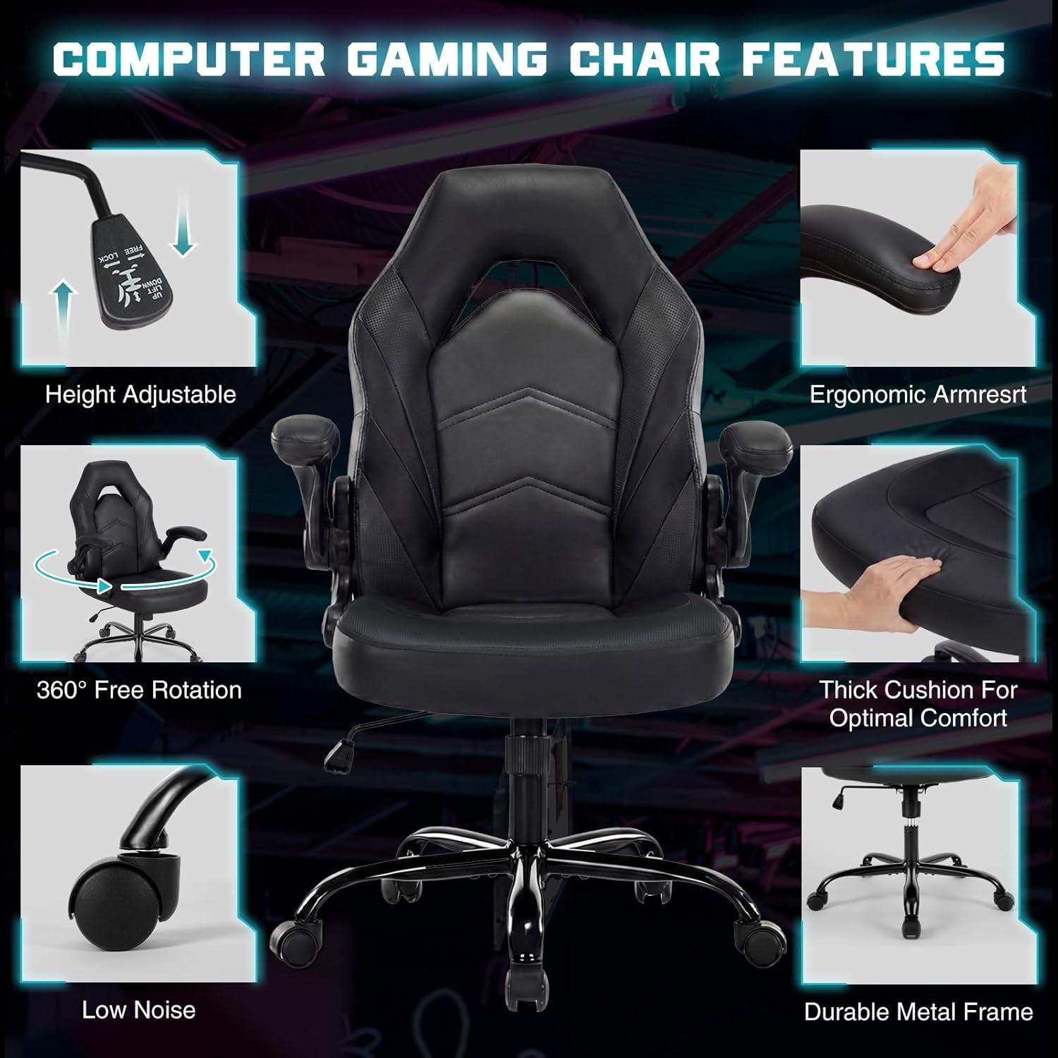 Ergonomic Computer Gaming Chair - Home Office Desk with PU Leather Lumbar Suppor