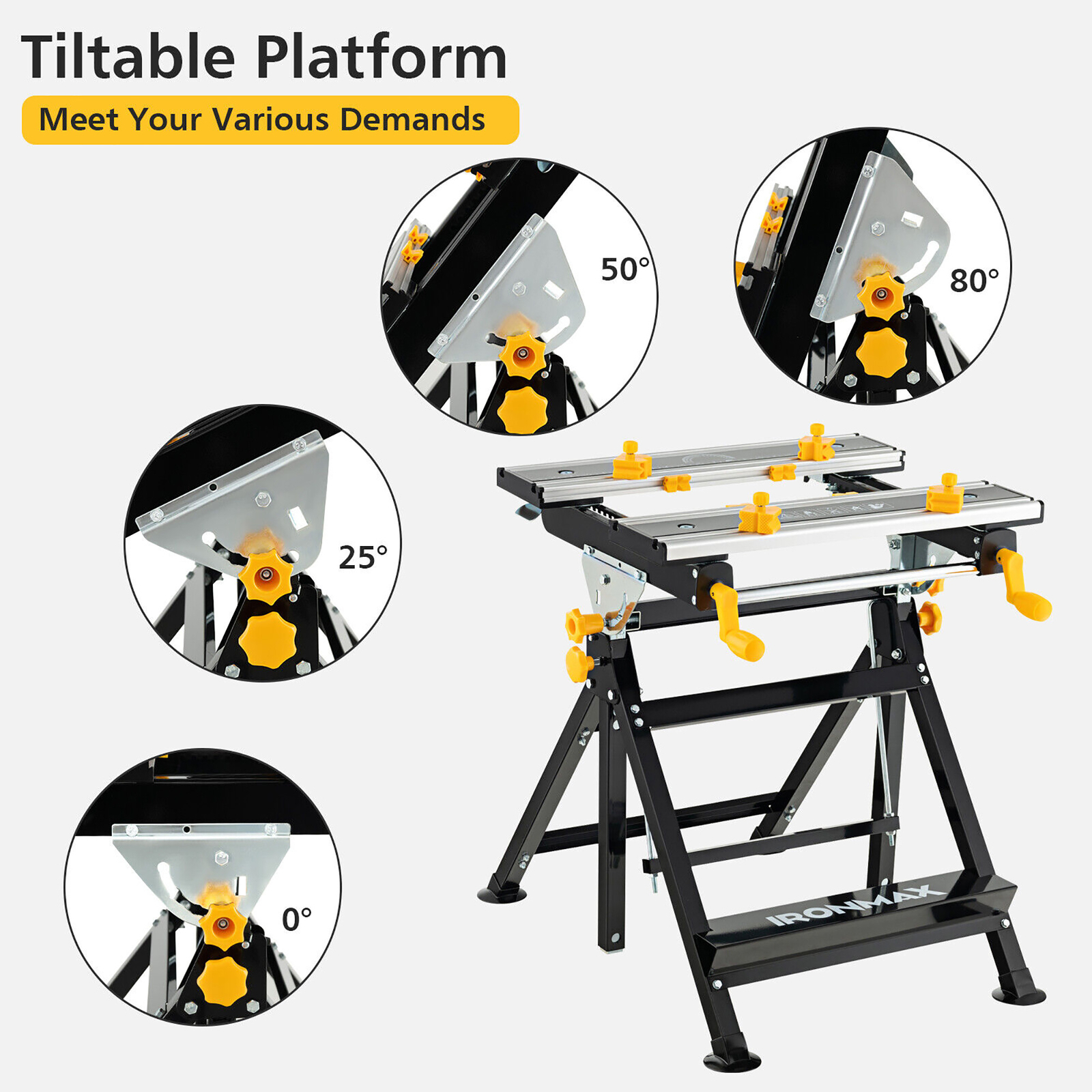 Folding Work Table Portable Workbench w/ Adjustable Height & Tiltable Platform