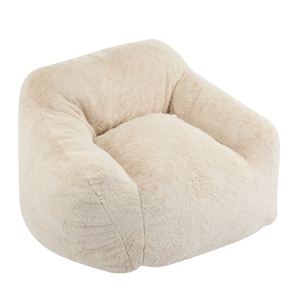 Beige Faux-Fur Bean Bag Chair, Indoor Cozy Armchair-Style, Shredded Foam Filler