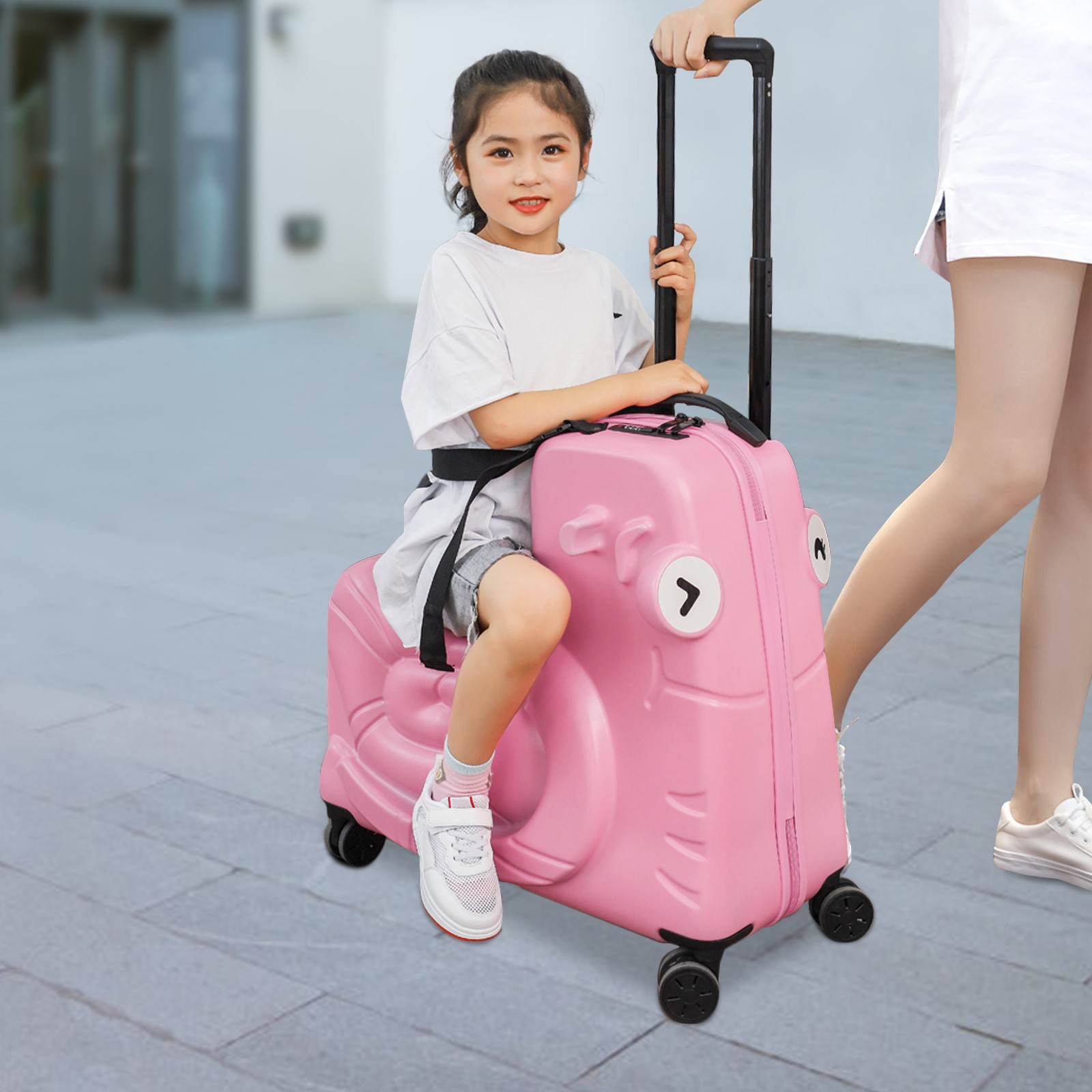 80kg Load Kids Ride-on Luggage, Dual-Use Suitcase, Pink Child Seat W/ Cover