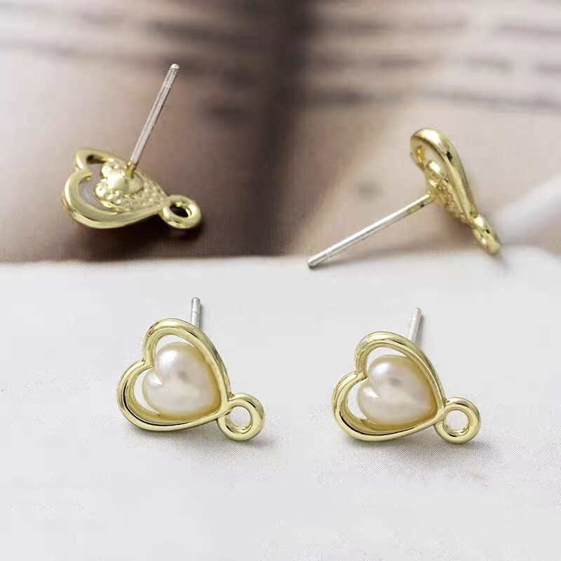 10pcs Pearl Heart Earrings,Gold Love Heart Stud Earrings With Loop,Heart Posts