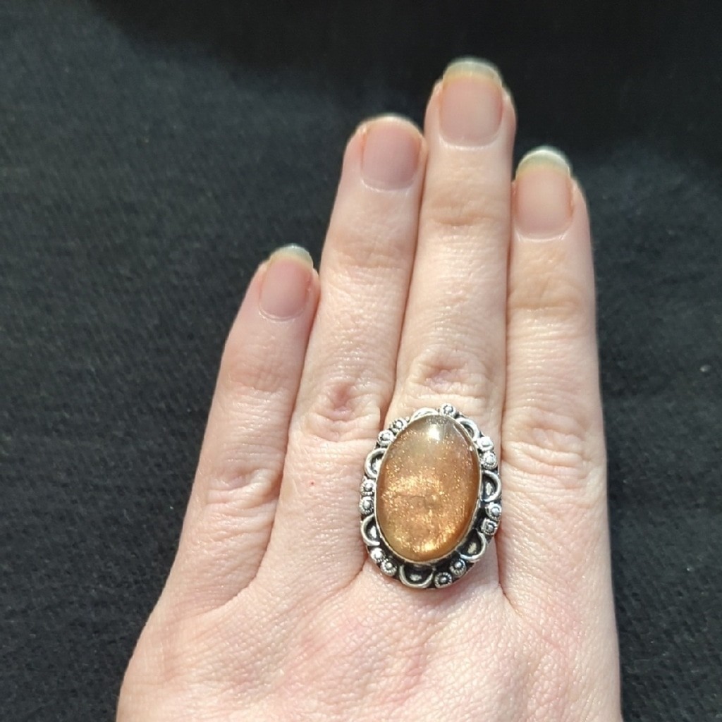 Silver Plated Peach Sunstone Gemstone Oval Statement Ring - Size 8.75