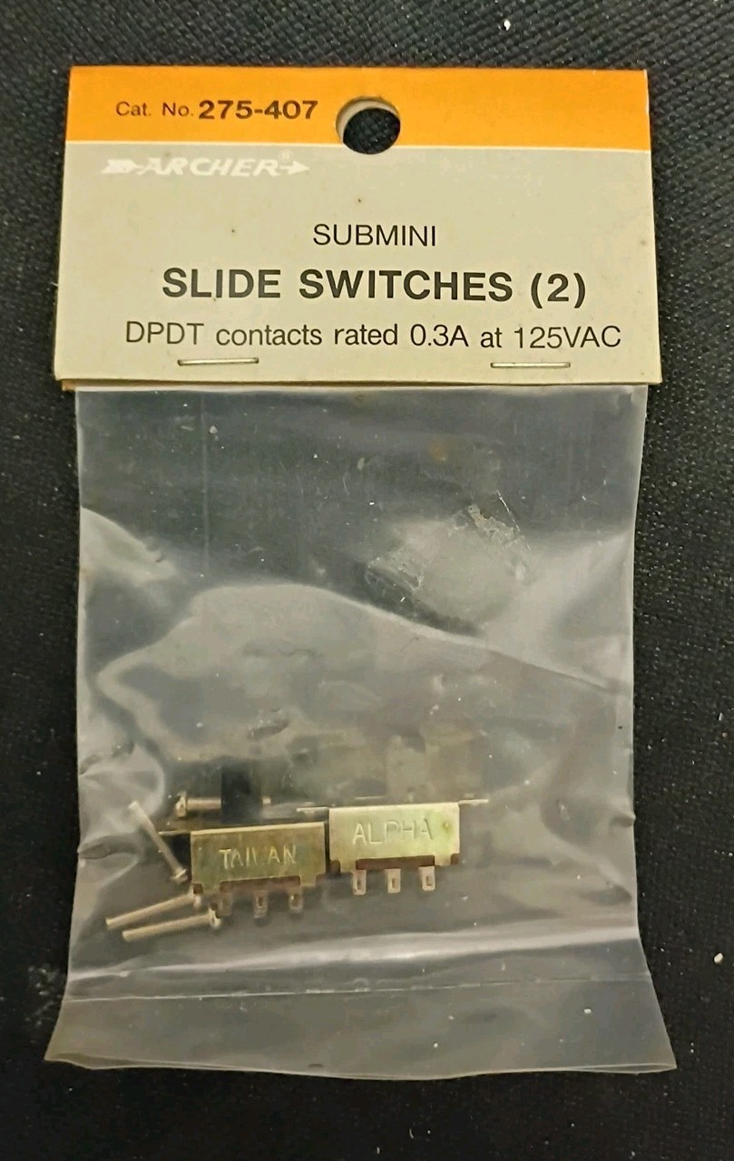 Slide Switches (2) Radio Shack. 275-407. DPDT Contacts. Rated 0.3A at 125VAC.