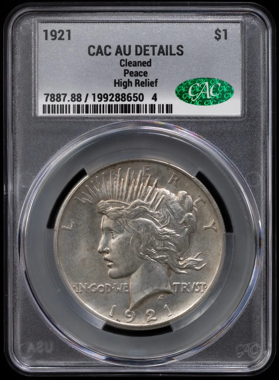 1921 Peace Silver Dollar CACG AU Details CAC Peace High Relief