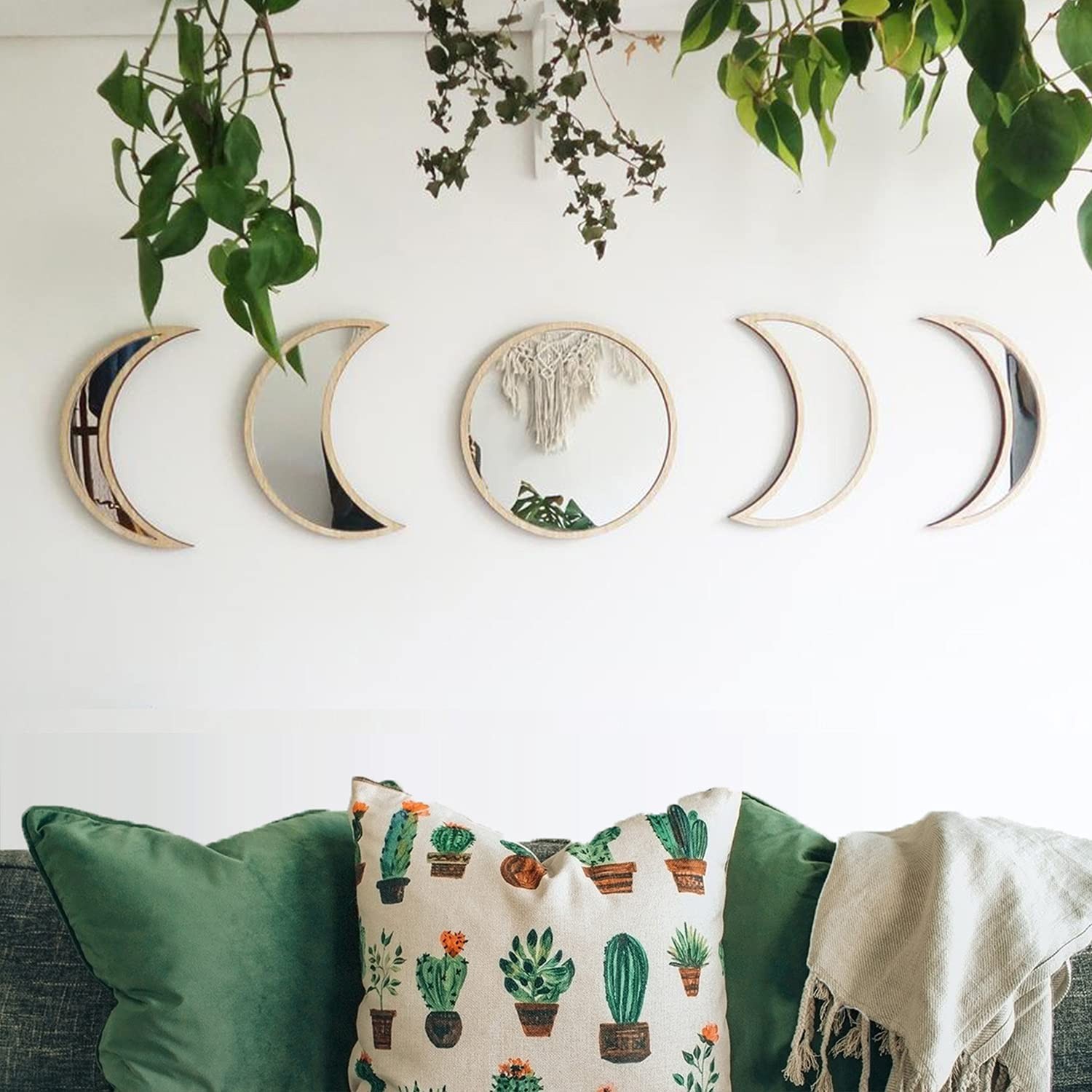 MAXROCK Moon Phase Mirror Set, 5 Piece Scandinavian Natural Decor Wall Decorativ