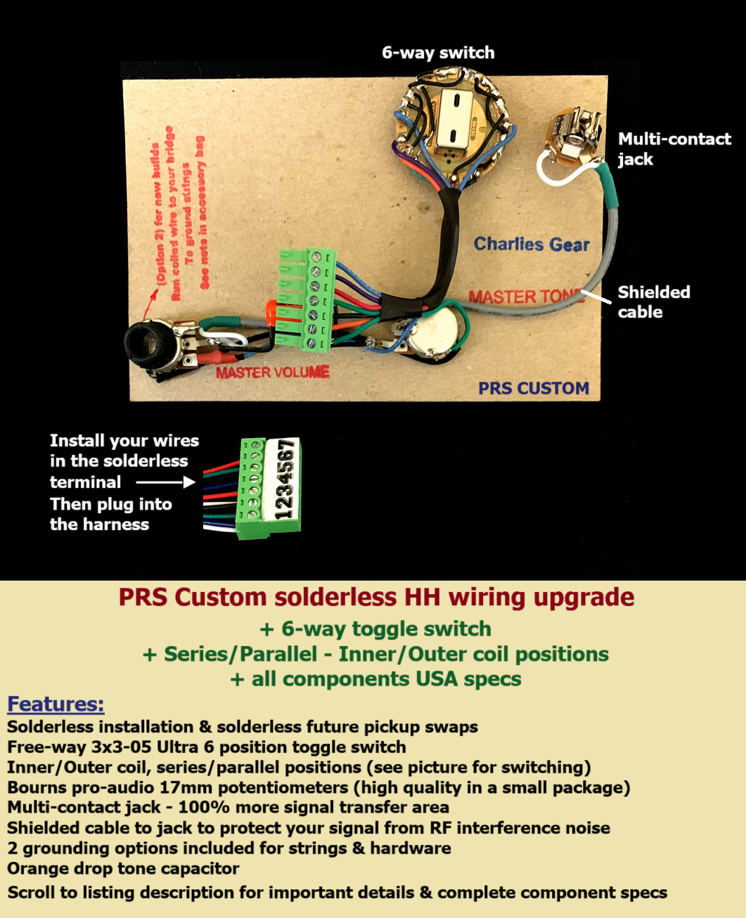 PRS Cust Solderless Wiring Upgrade/6-way Switch/Series-Parallel/Inner-Outer Coil