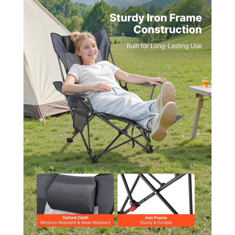 Reclining Folding Camping Chair, 4 Adjustable Positions w/ Headrest & Footrest