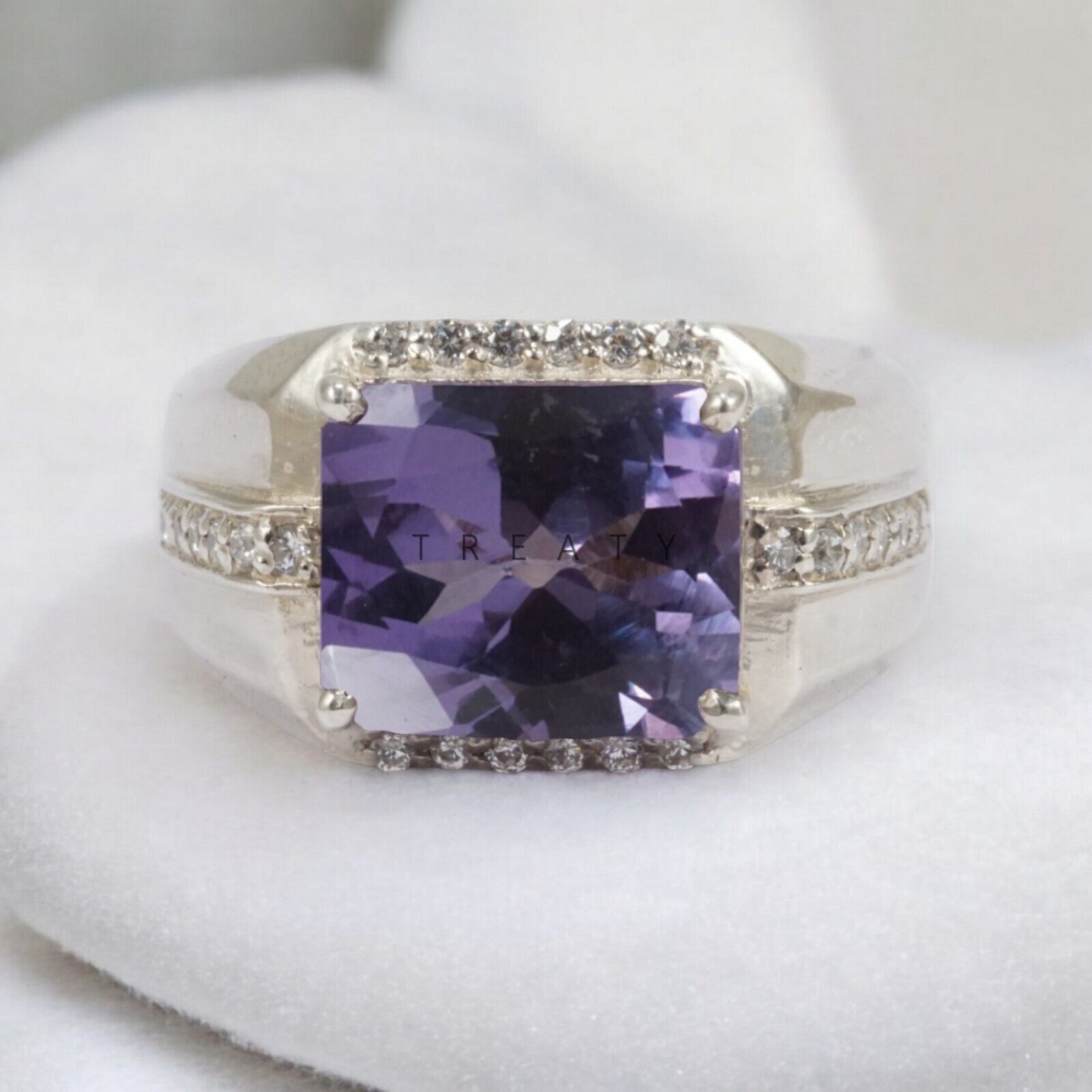 Alexandrite Emerald Cut Gemstone With 14K Solid White Gold Ring For Men's #587