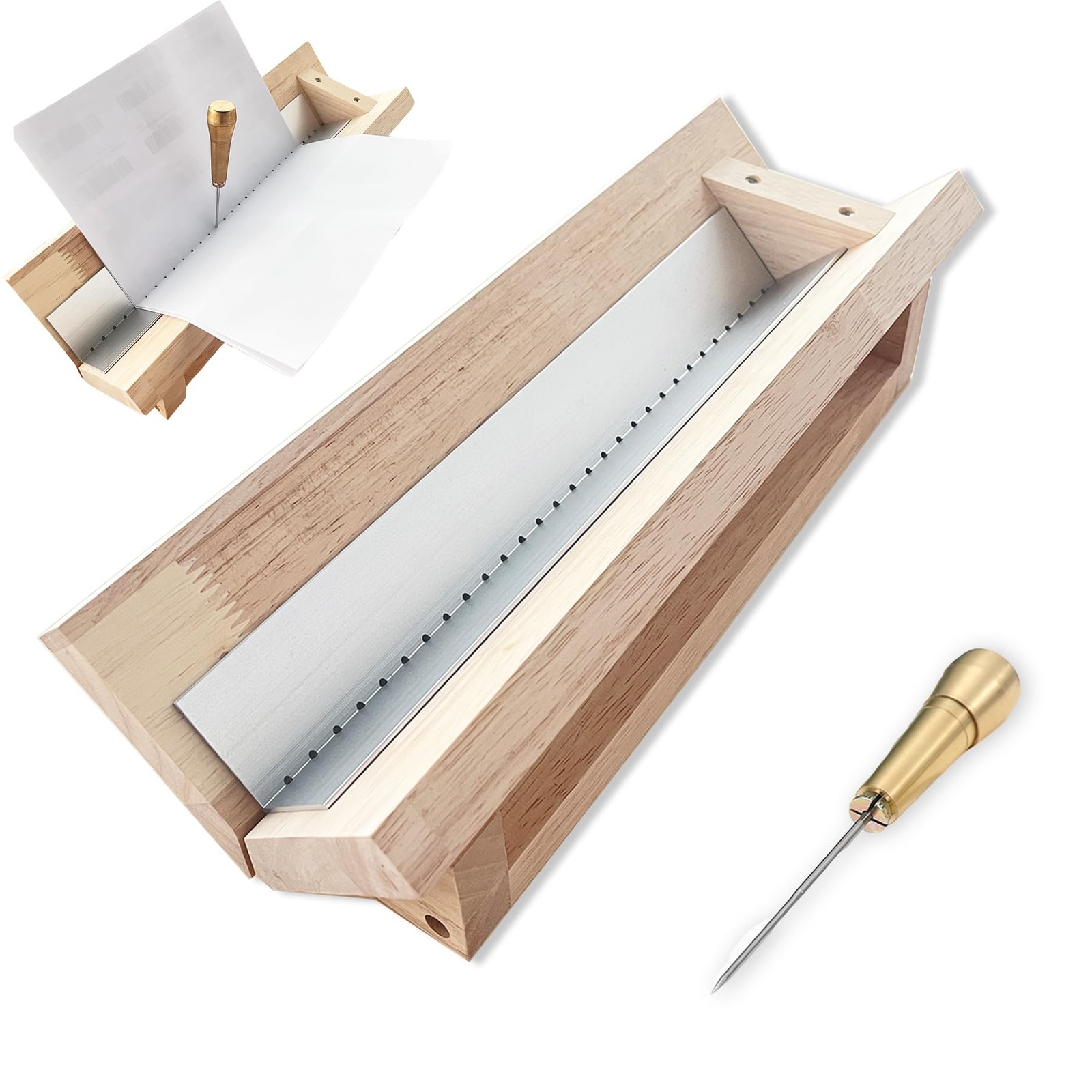Bookbinding Punching Cradle with Aluminum Piercing Guide, an Large, Wood