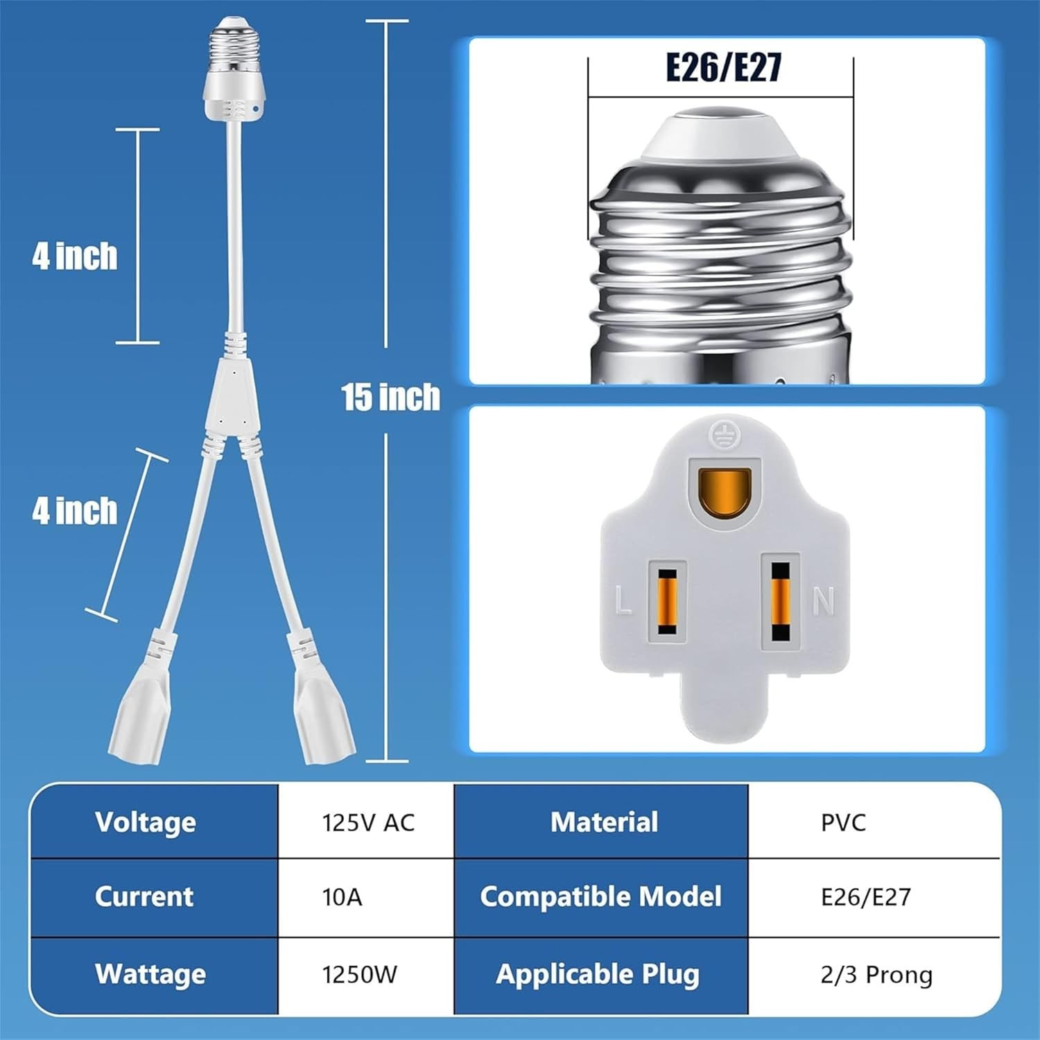 "2 in 1 Light Socket to Plug Adapter, Convert E26/E27 Bulb Socket to 2 Pieces ..