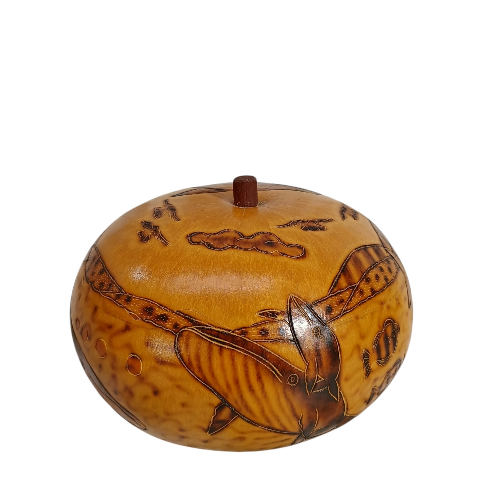 Peruvian Style Hand Carved Gourd with Lid Fish 5" Aquatic Theme