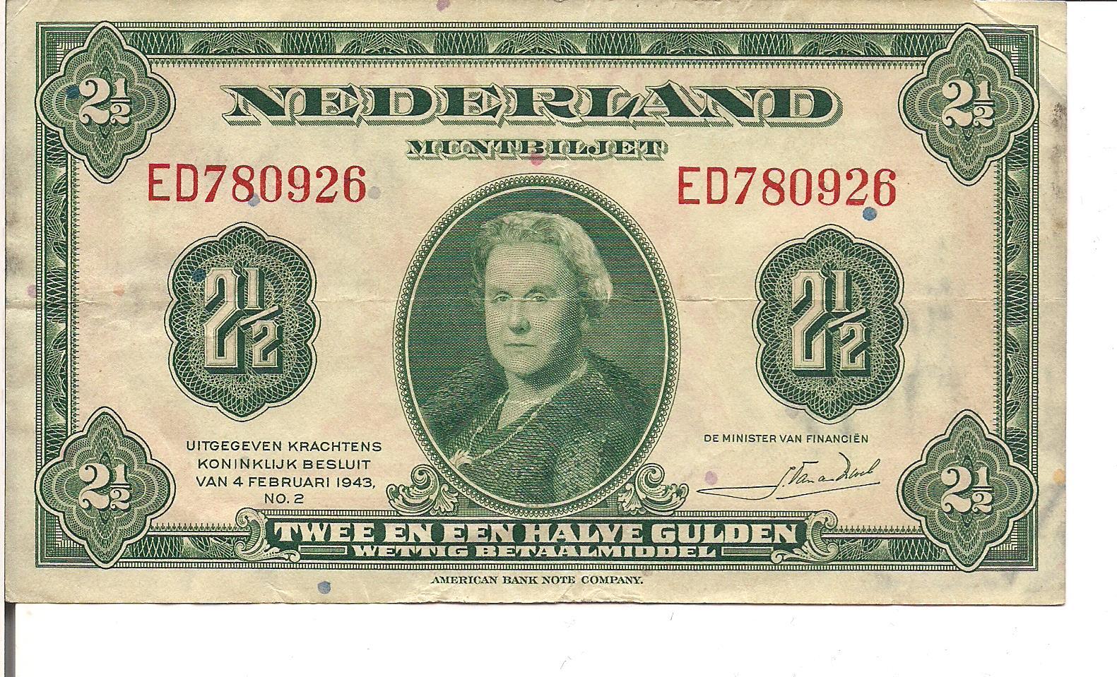 NETHERLANDS, 2 1/2 GULDEN, Qn. Wilhelmina @ ctr, P#65, 1943