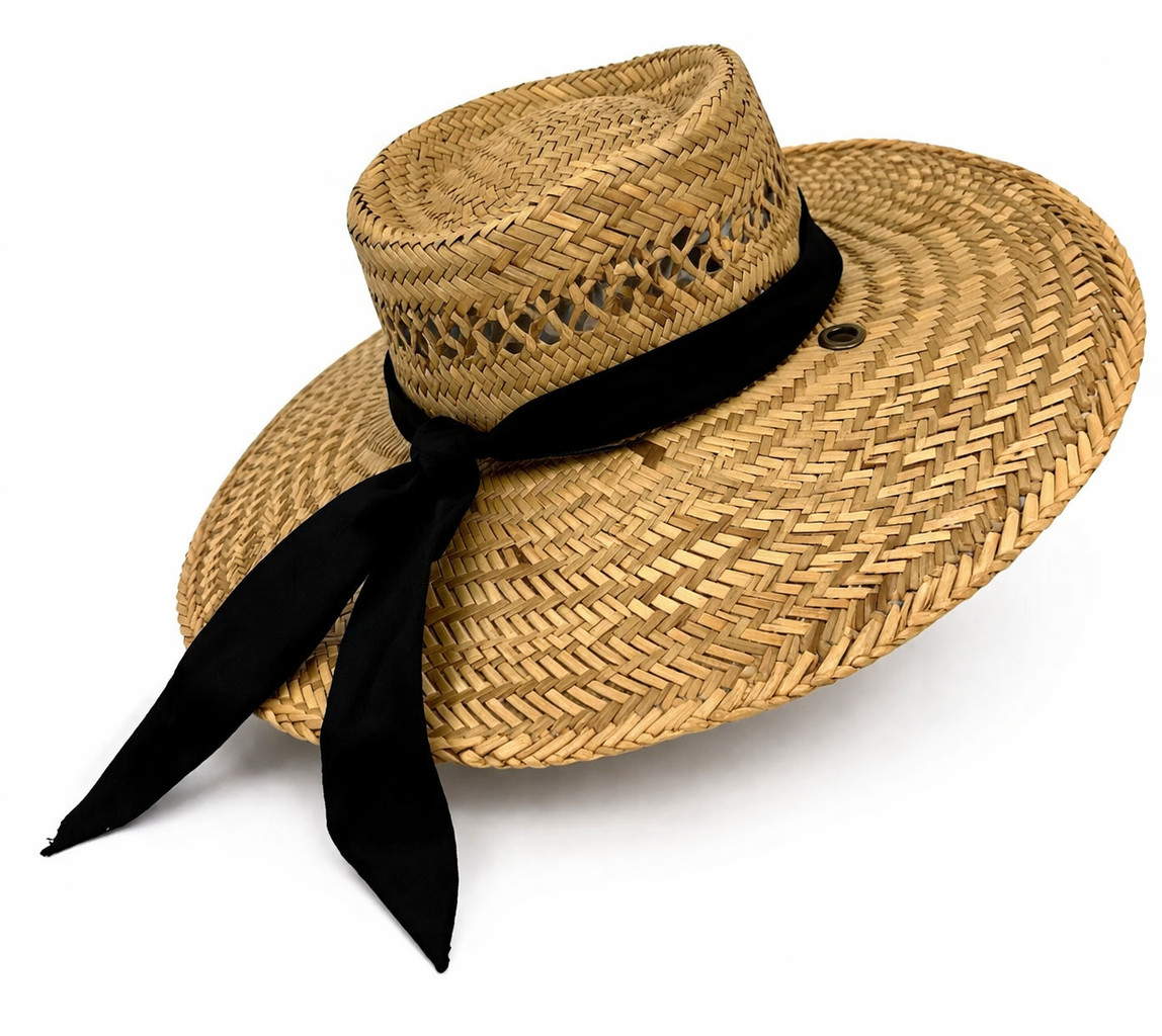 Dorfman Pacific Women's Straw Fedora Hat Black Ribbon Band Wide Brim Summer Sun