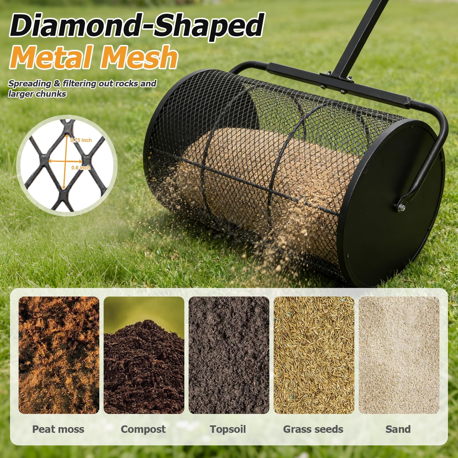 REILEIHODE Compost Spreader 24in Peat Moss Spreader U Shaped Comfortable Han...
