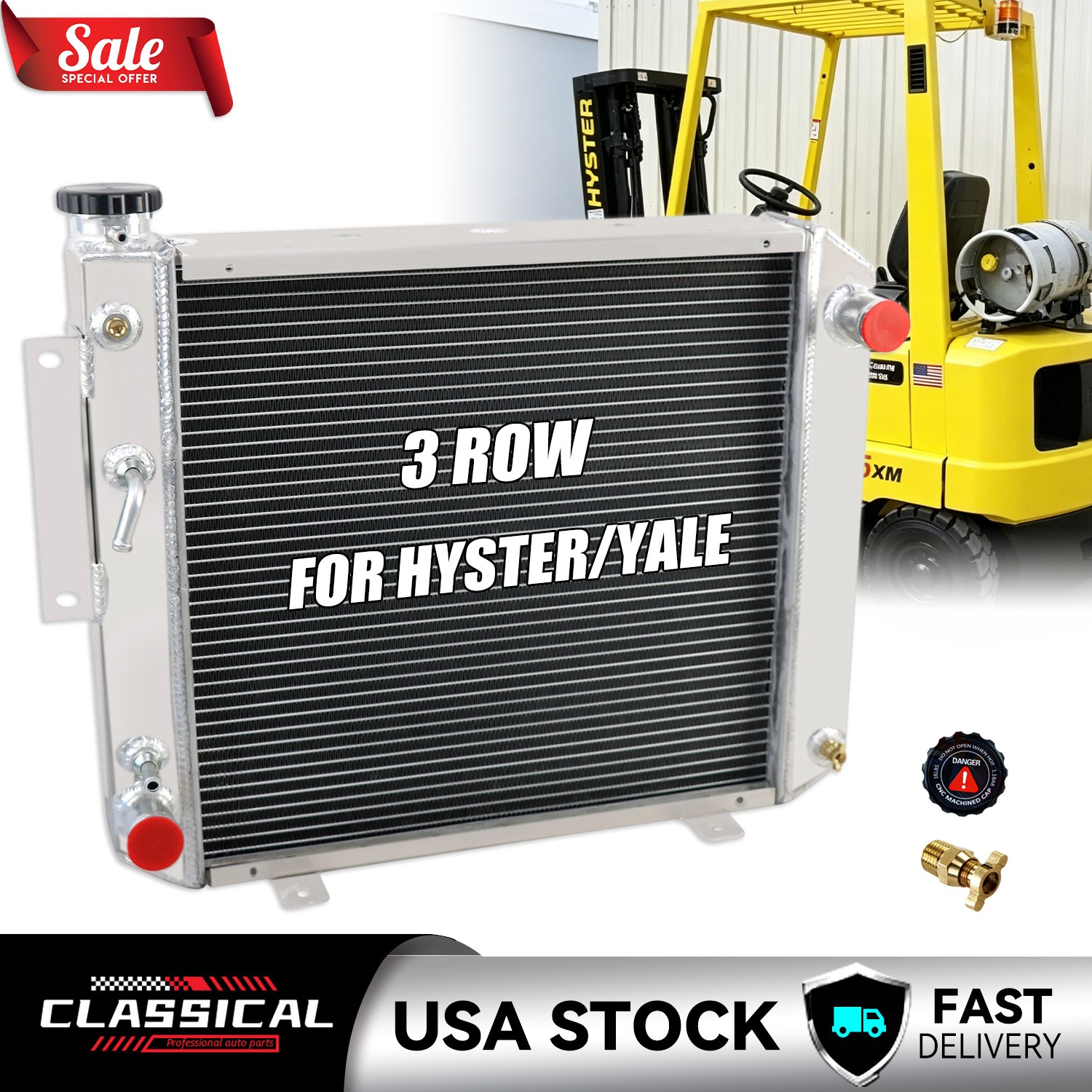 3-Row Aluminum Radiator for Hyster Yale Forklift H25XM, H35XM (9124956013)