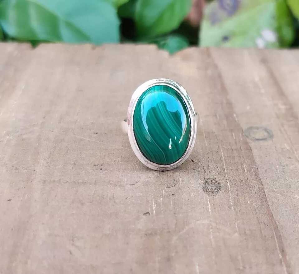 Natural Malachite Gemstone Ring 925 Sterling Silver Handmade Ring All Size MK*