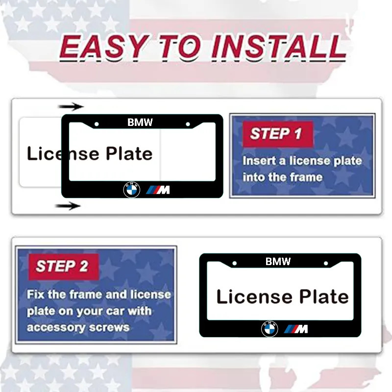 2PC BMW Black License Frames Car License Plate Frame Holder