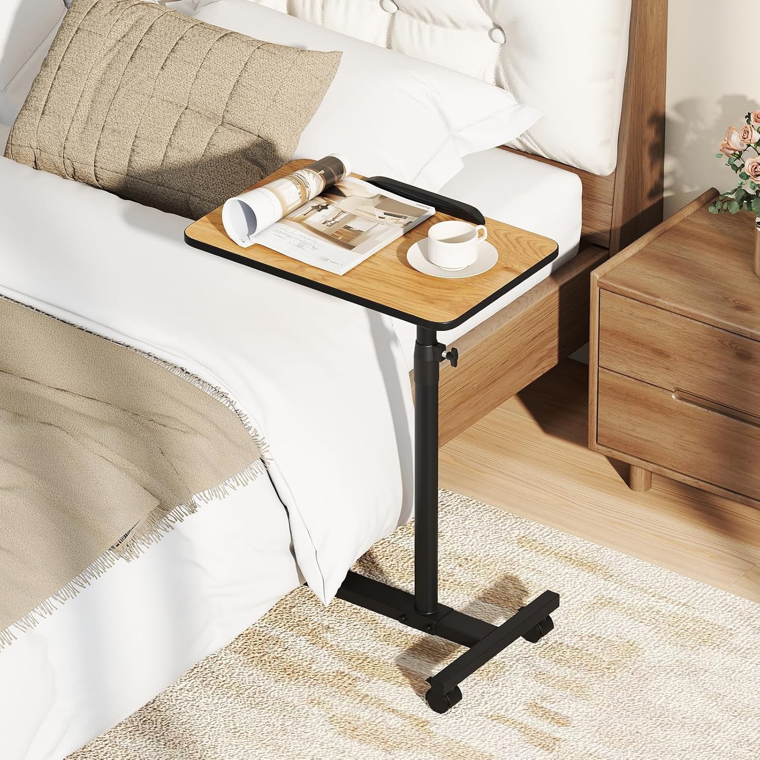 Overbed Table W/ Wheels Medical Adjustable Bedside Table Mobile Standing Desk