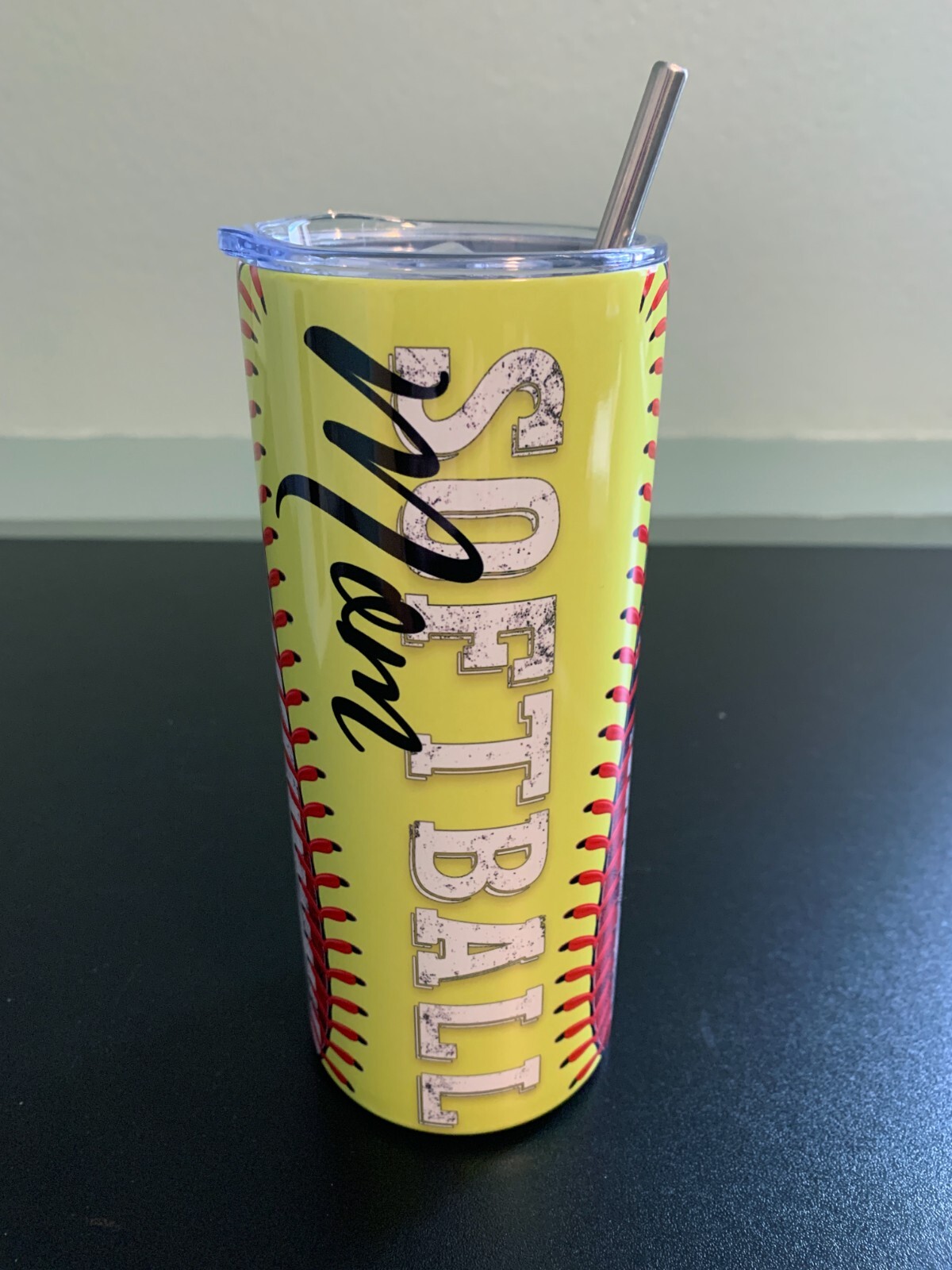 NEW Softball Mom 20oz Skinny Tumbler, Patriotic Flag, Softball Stitches