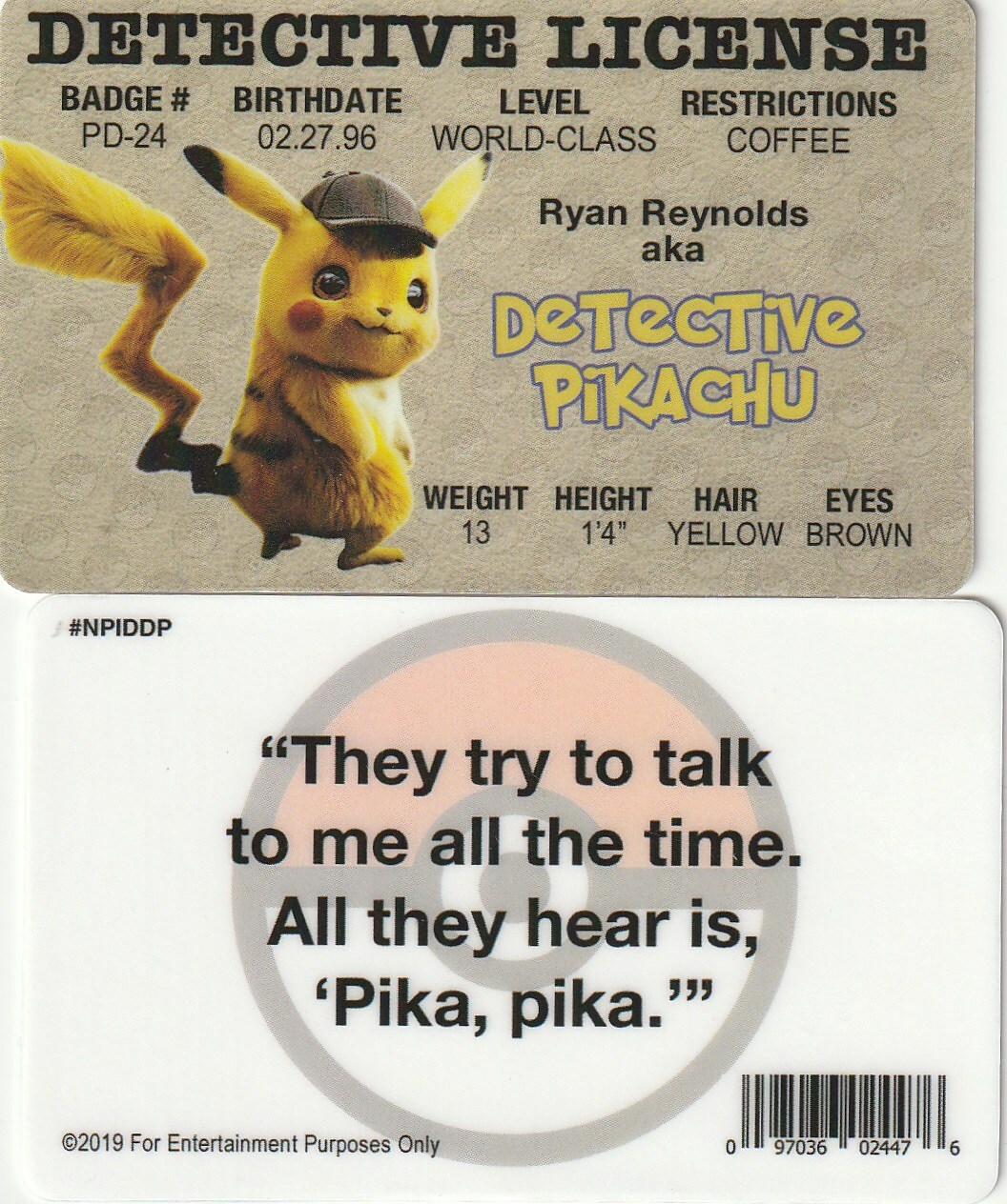 Detective Pikachu fun novelty movie prop  identification ID card