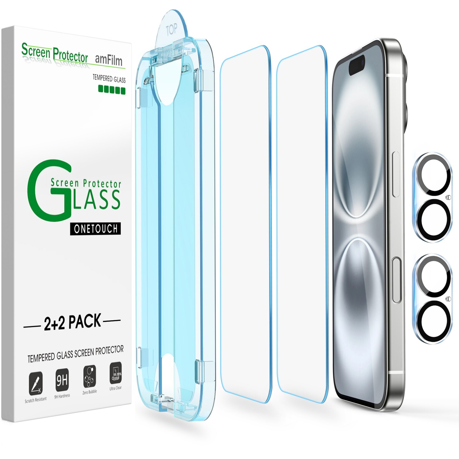 (2+2pack) amFilm for iPhone 16 -OneTouch Glass Screen & Lens Protector 6.1"