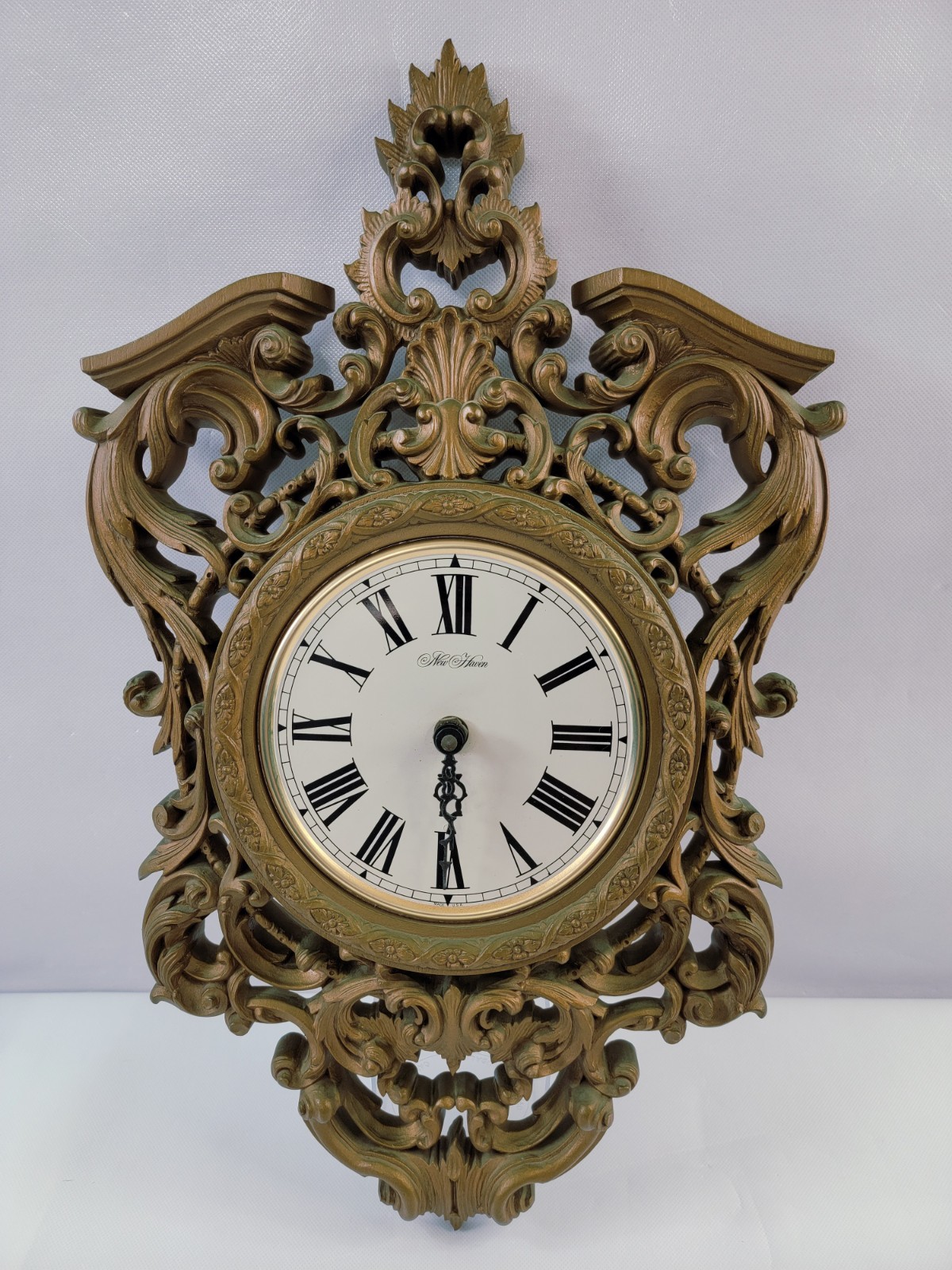 1980 Burwood New Haven #2481 21" Ornate Gold Hanging Wall Clock & 2 1970 Cherubs