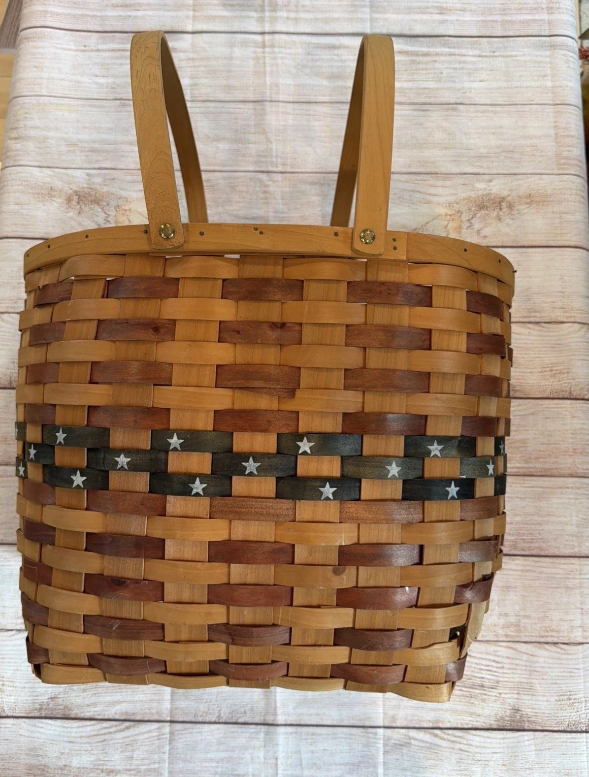 American Flag Woven Square Wood Basket With Handles Patriotic Decor Vintage