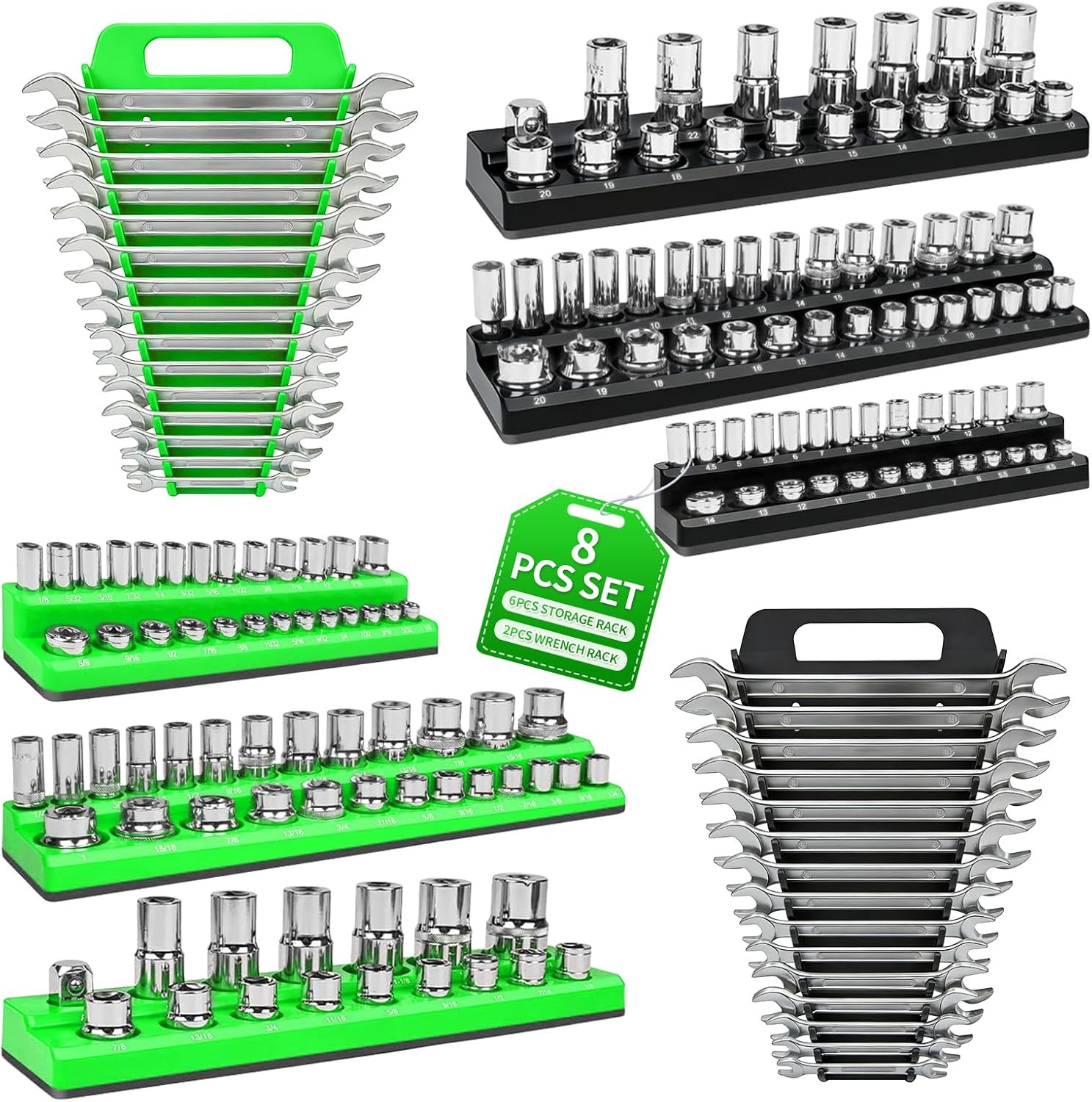 8 Piece Magnetic Socket Organizer Set, 1/4", 3/8", 1/2" Drive Metric and SAE Soc