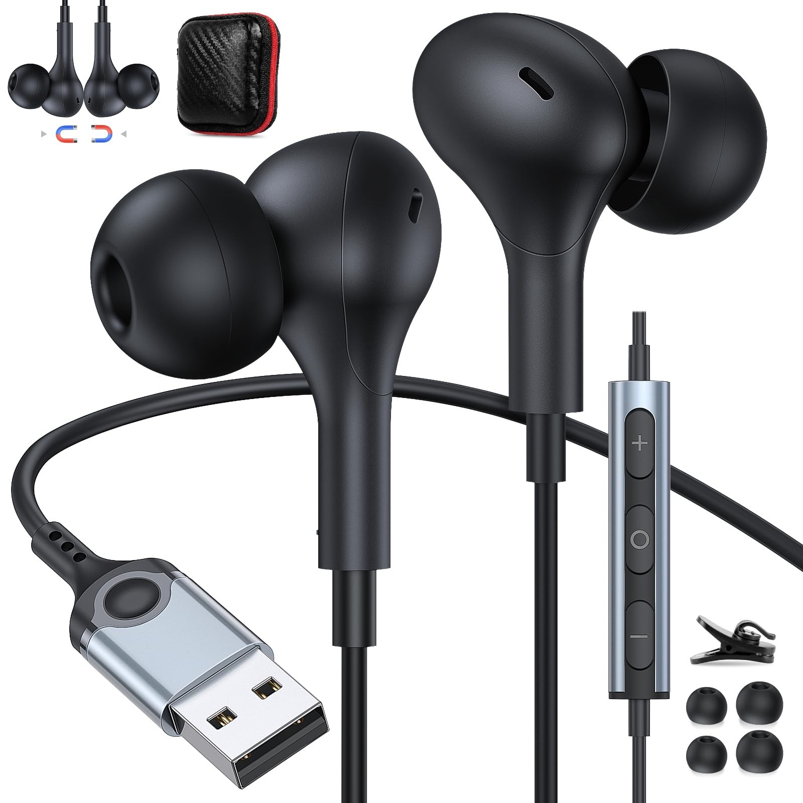 USB Headphones with Mic PC Laptop USB A Earbuds 7.5FT Cord Black