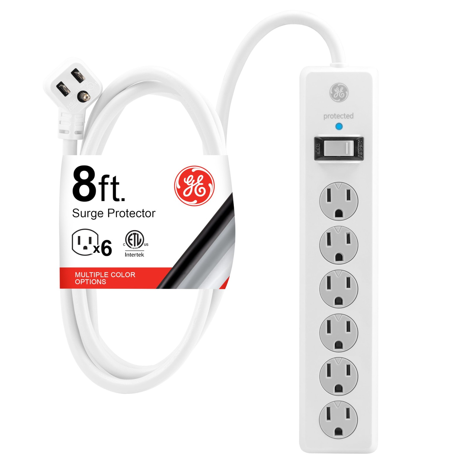 GE Surge Protector Power Strip, 8 Ft Extension Cord, 6 Outlet Extender, 800 J...