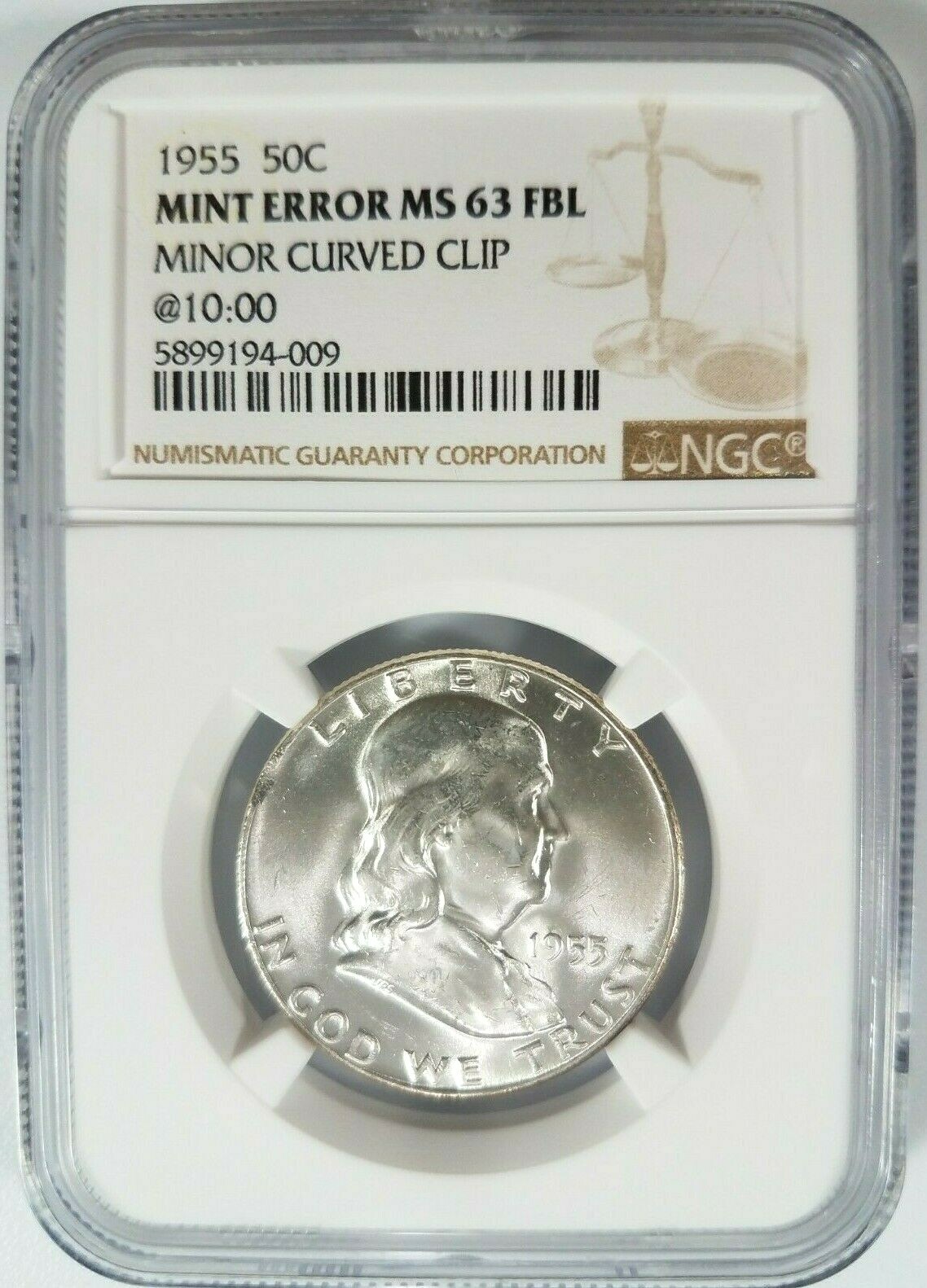 1955 Franklin Silver Half Dollar NGC MS 63 Curved Rim Clip Mint Error Clipped