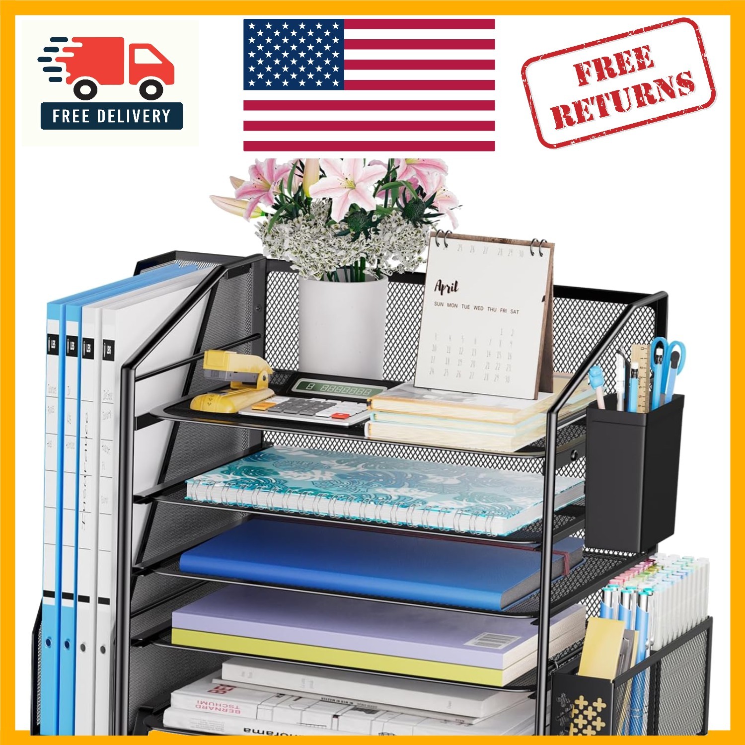 Durable Black Desk File Organizer with 5 Tiers & Pen Holder for Workspace Style