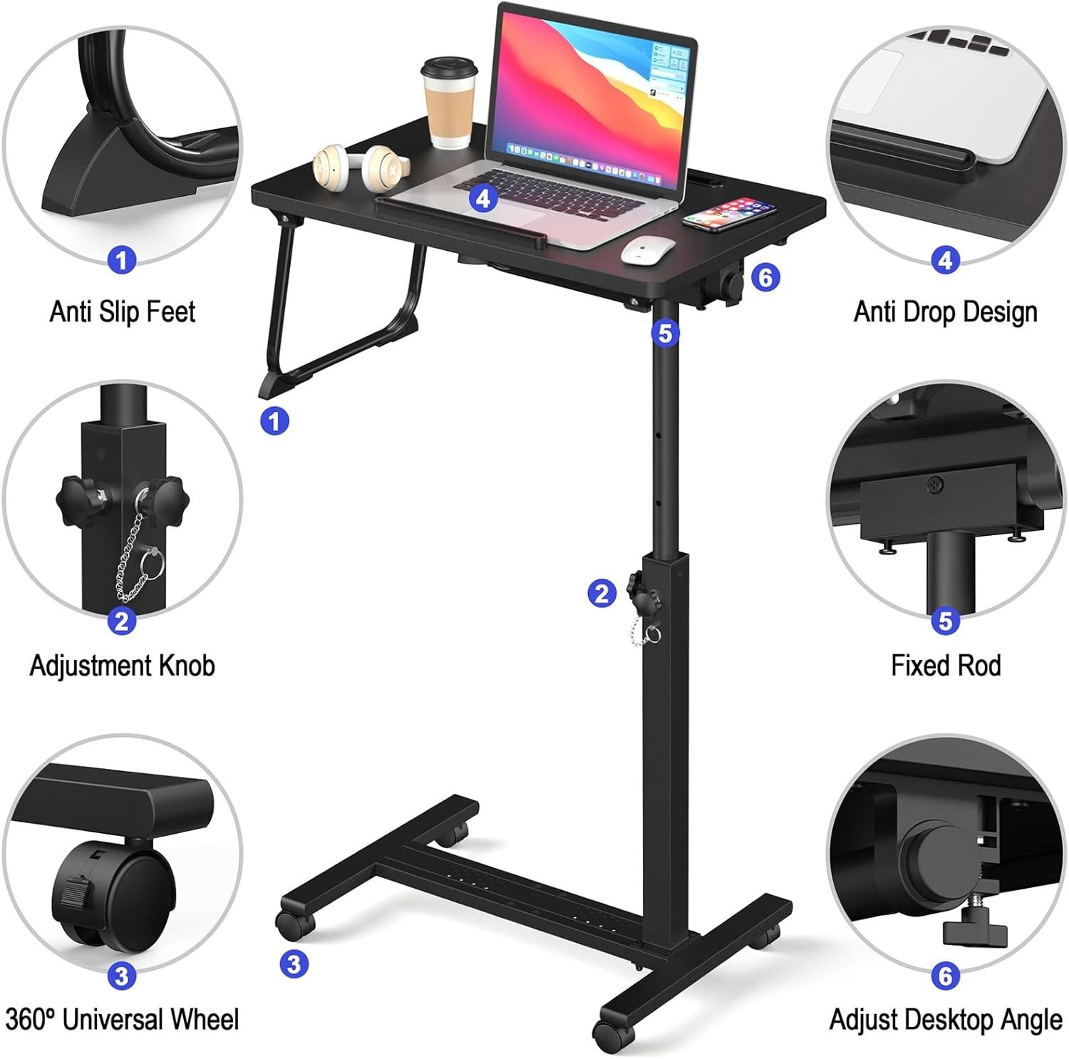 Adjustable overbed bedside table with wheels, rolling hospital laptop desk