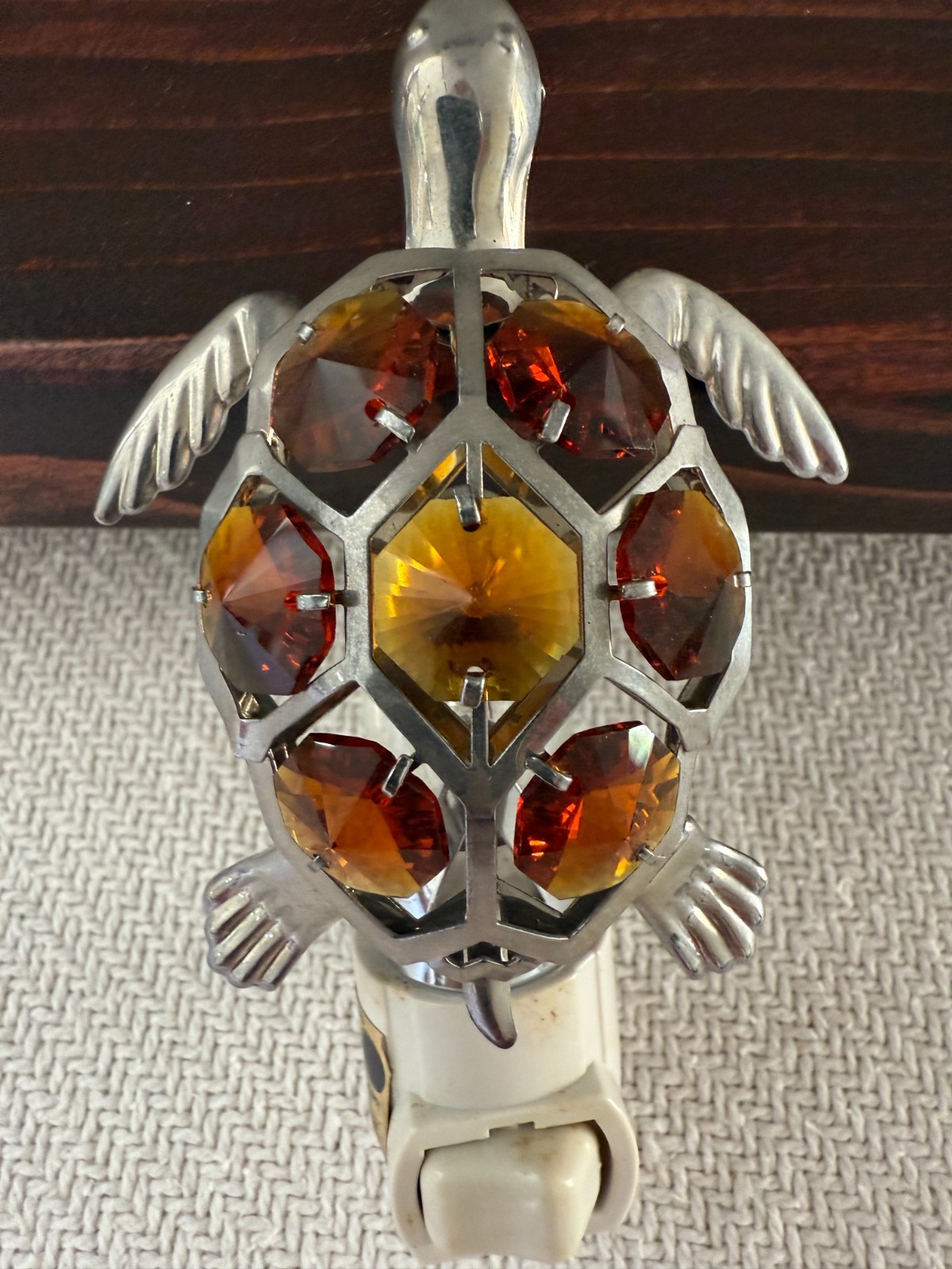 Sea Turtle Night Light Silvertone with Seven Amber Colored Crystals