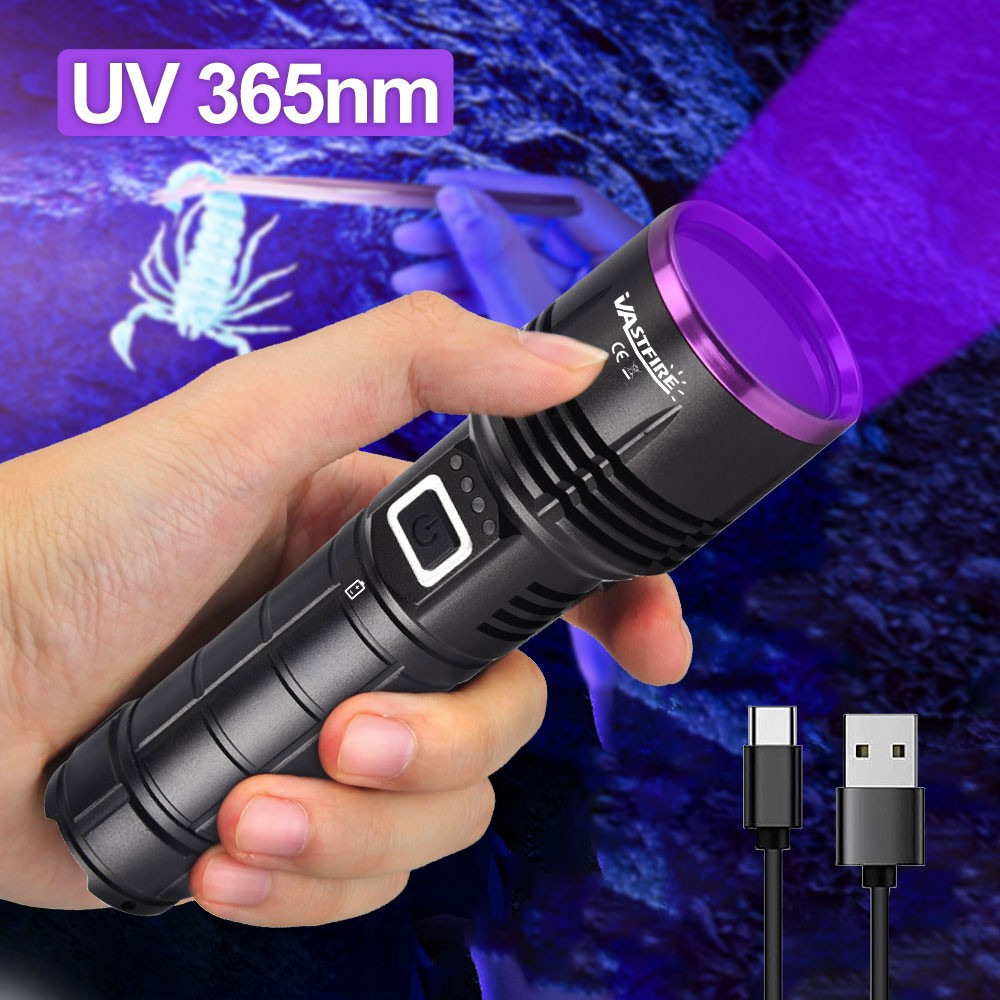 365nm UV Light Work LED Flashlight urine scorpion Detector Torch USB Charging