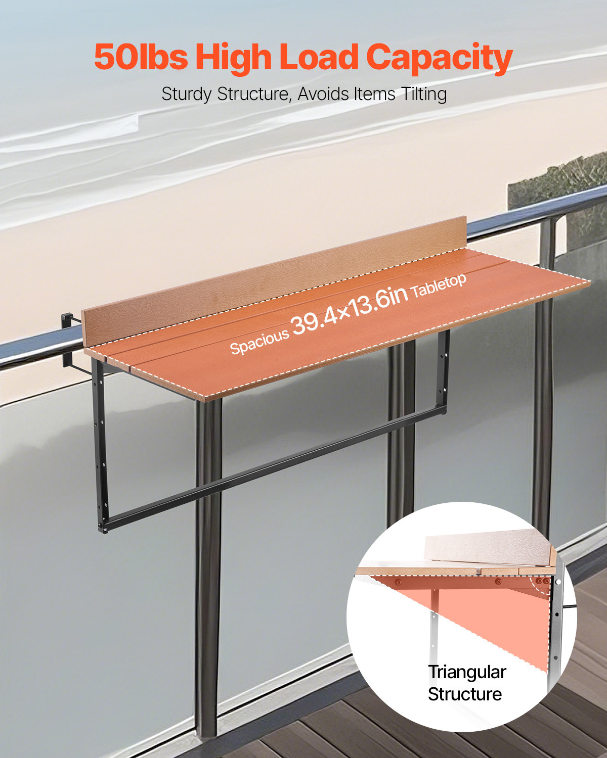 Balcony Hanging Table 15 x 39 in Outdoor Patio Railing Bar Table Adjusable