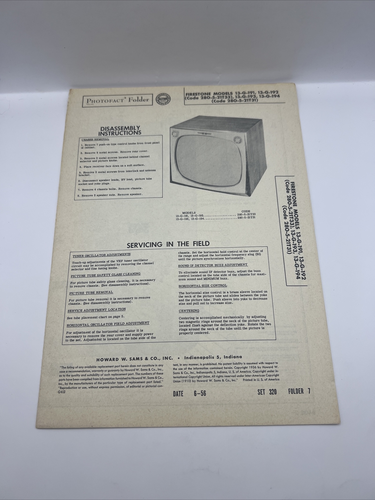 Vintage 1956 SAMS PHOTOFACT Manual Schematic Firestone 13-G-191 TV Television
