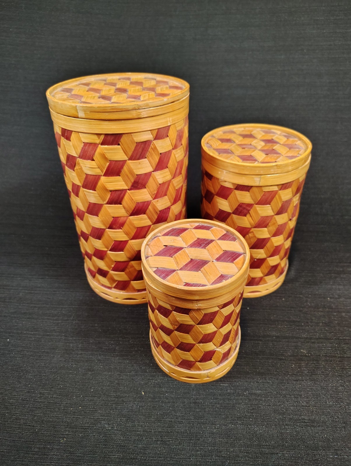 VTG, Woven Bamboo, Nesting Containers W/ Lids, Geometric, Baskets, Storage, Art