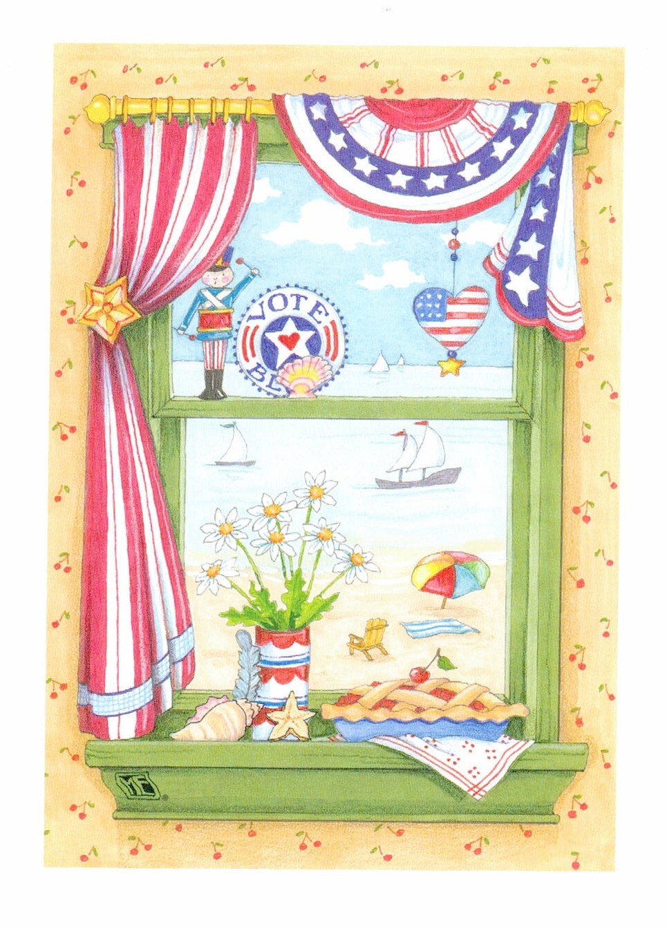 Mary Engelbreit-Vintage Window Curtains Beach Cherry Pie Sailboat POSTCARD-NEW!