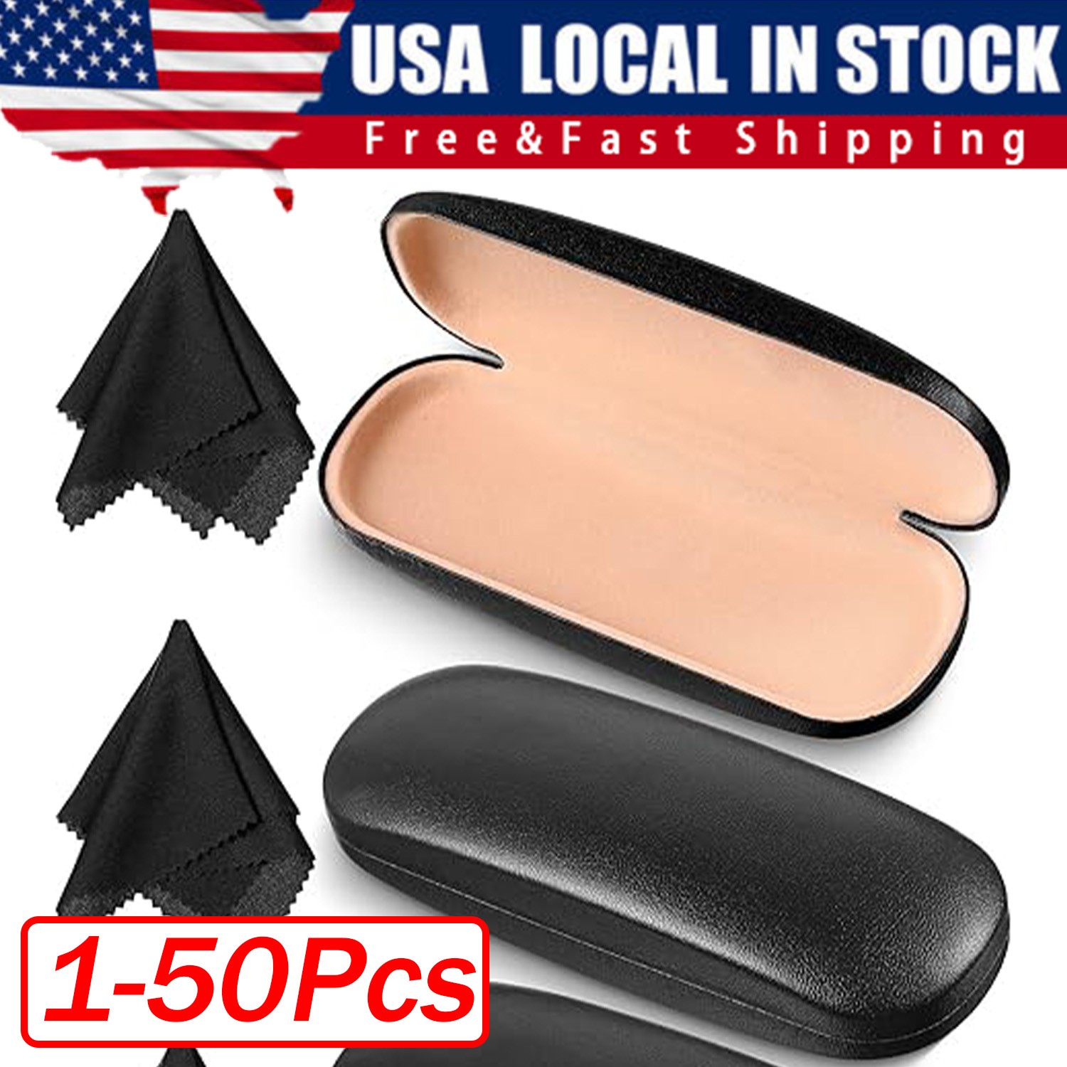 NEW Clam Shell Hard Eyeglasses PU Glasses Case Black w/Microfiber Cleaning Cloth