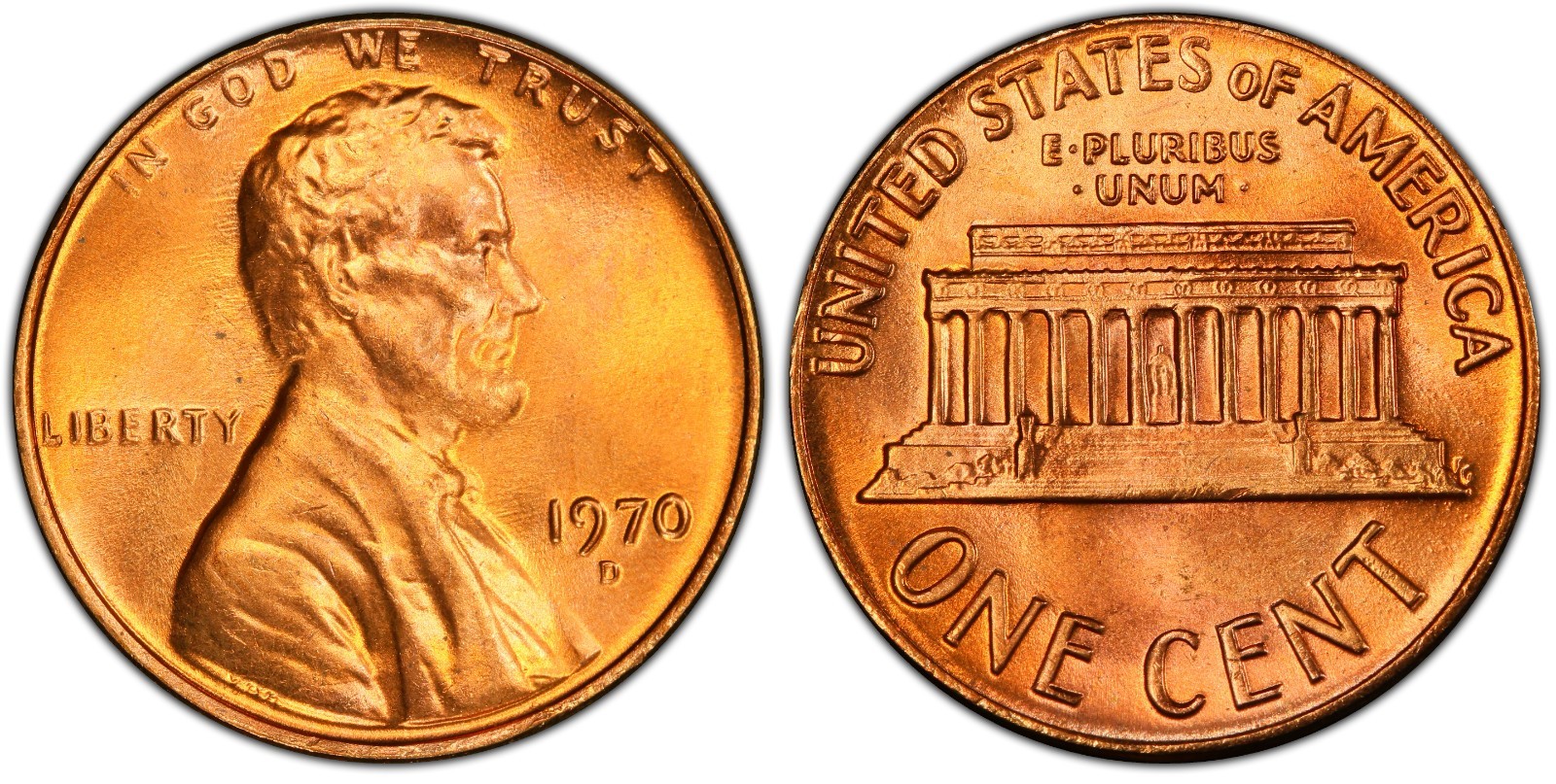1970 D Lincoln Memorial Penny Brilliant Uncirculated Cent Red BU Coin