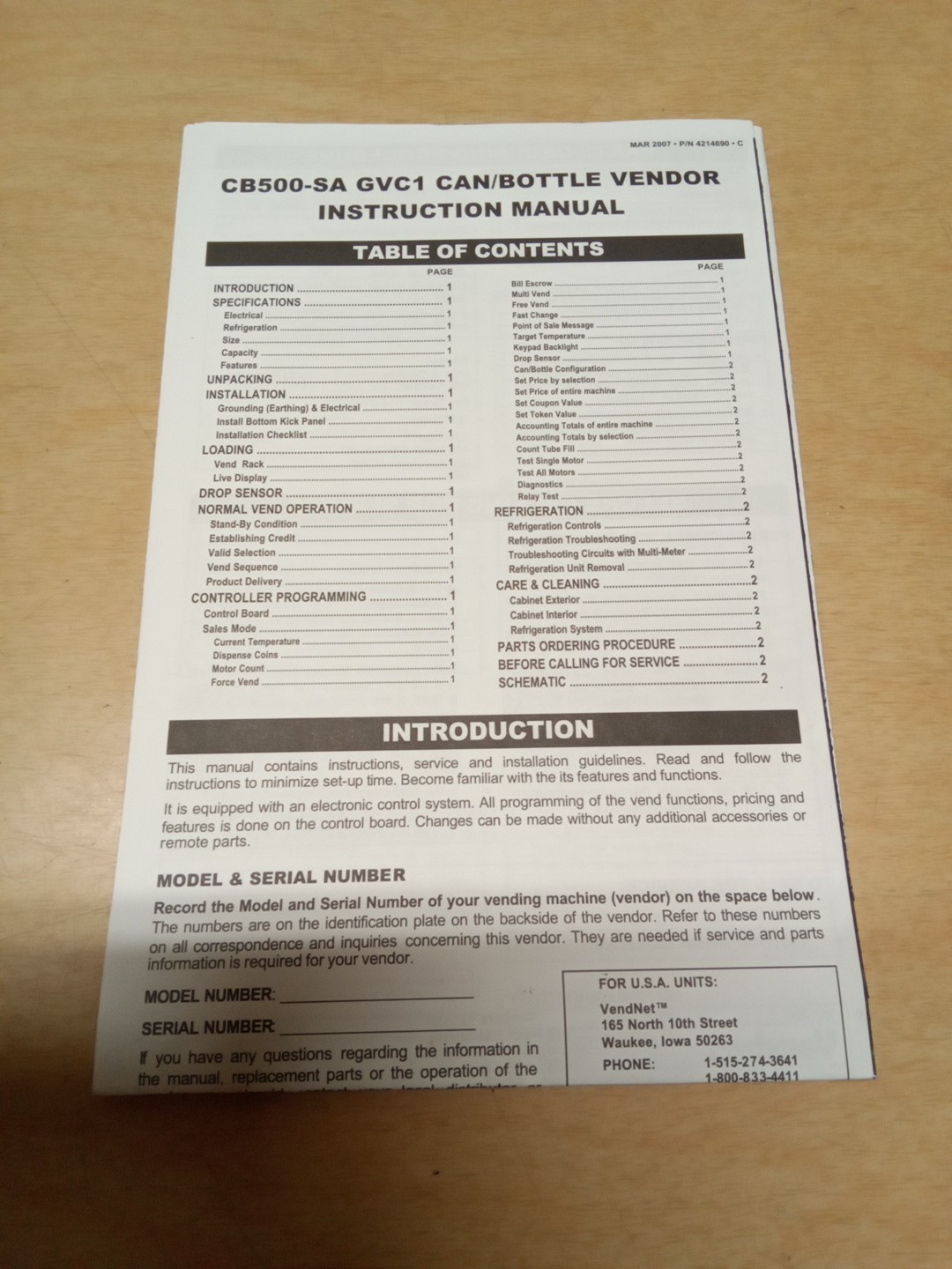 Can/ Bottle Vendor  Instructions CB500-SA GVC1 P/N 4214690