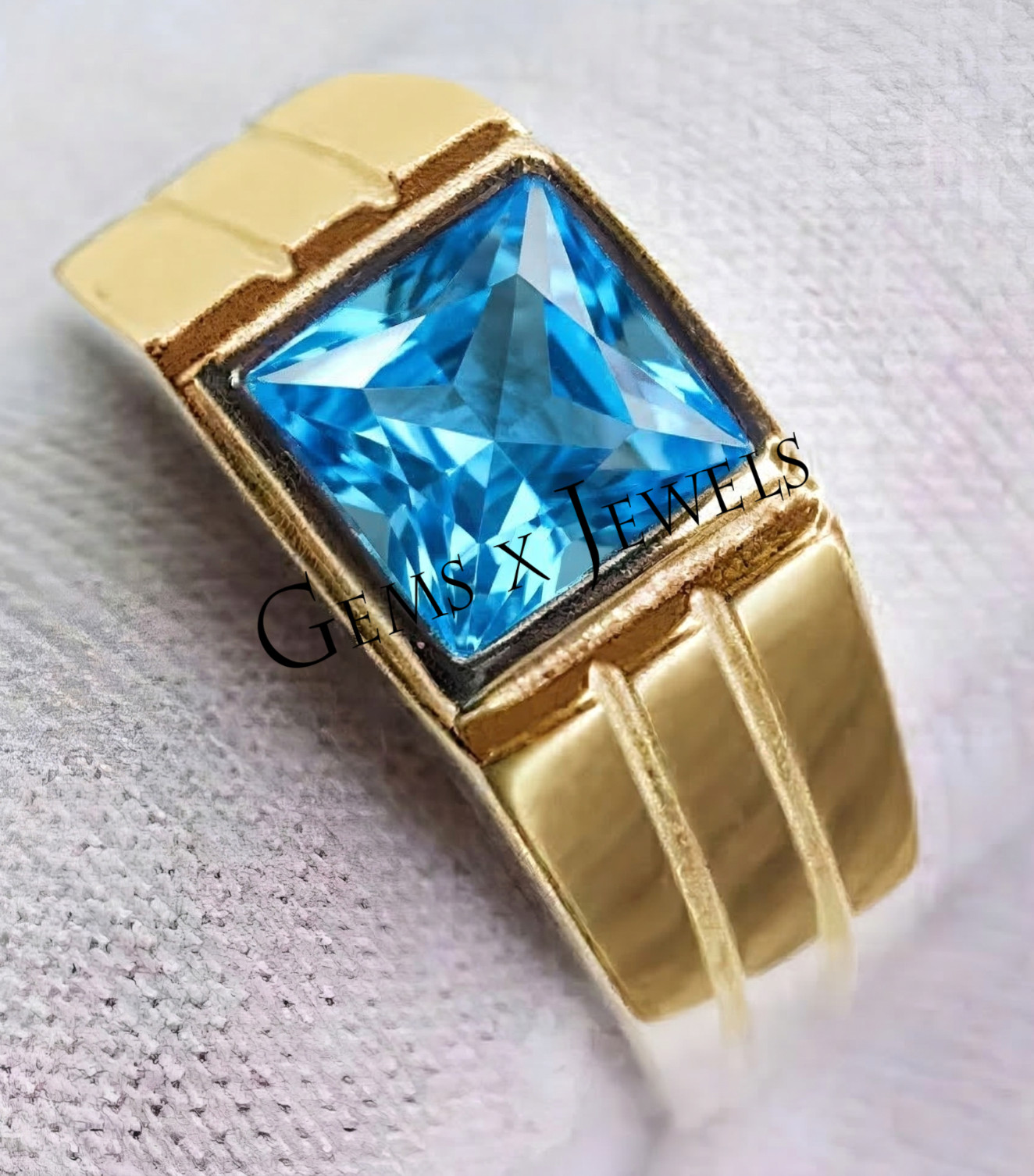 Natural Blue Topaz Gemstone Ring, 14K Solid Yellow Gold Men's Engagement Ring.